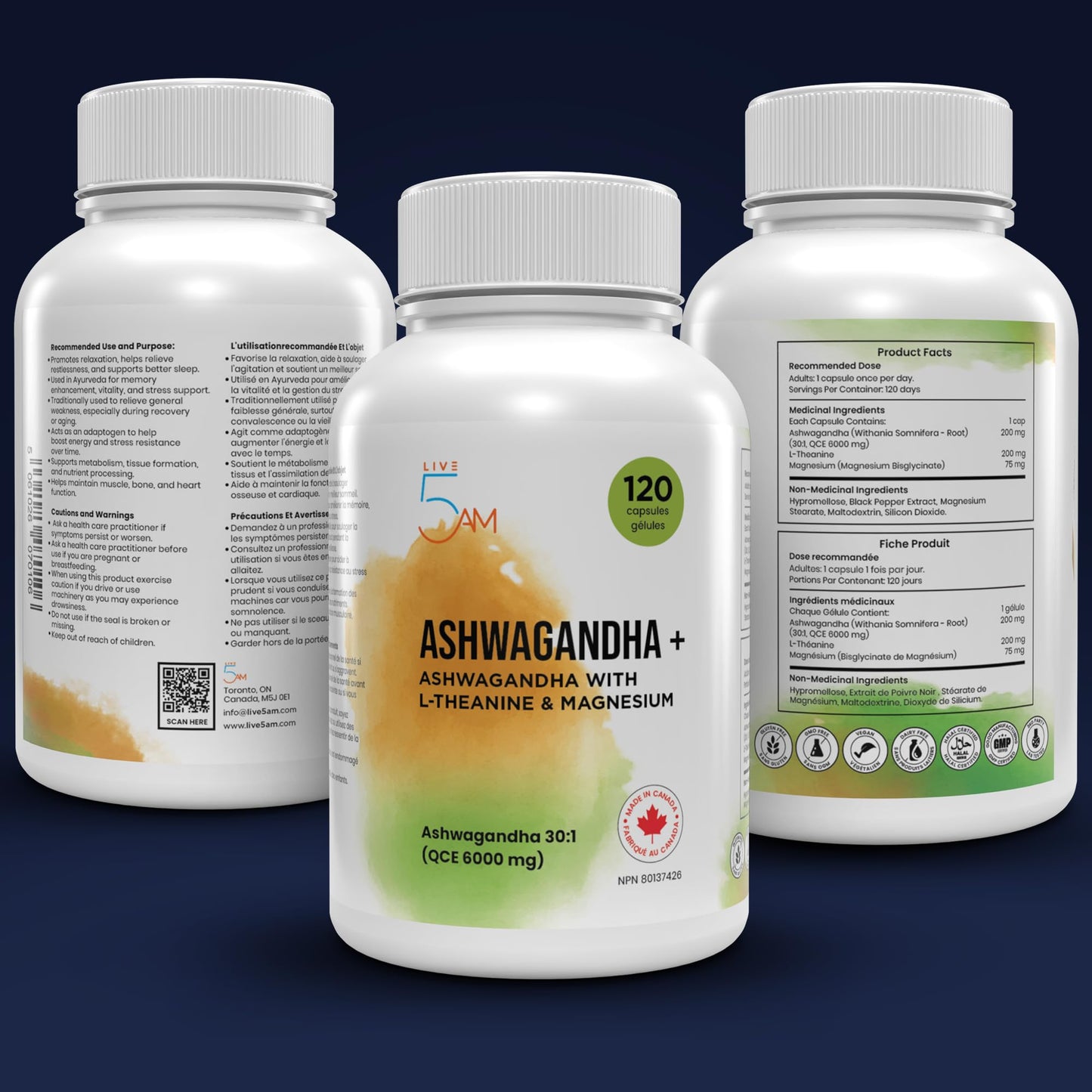 Live 5AM Ashwagandha 6000mg with L-Theanine 200mg, Magnesium Bisglycinate 75mg & Black Pepper Extract - Relaxation, Stress & Restlessness Support - 4 Month Supply, 120 Capsules - Made in Canada ๐ All In One Marketplace Canada