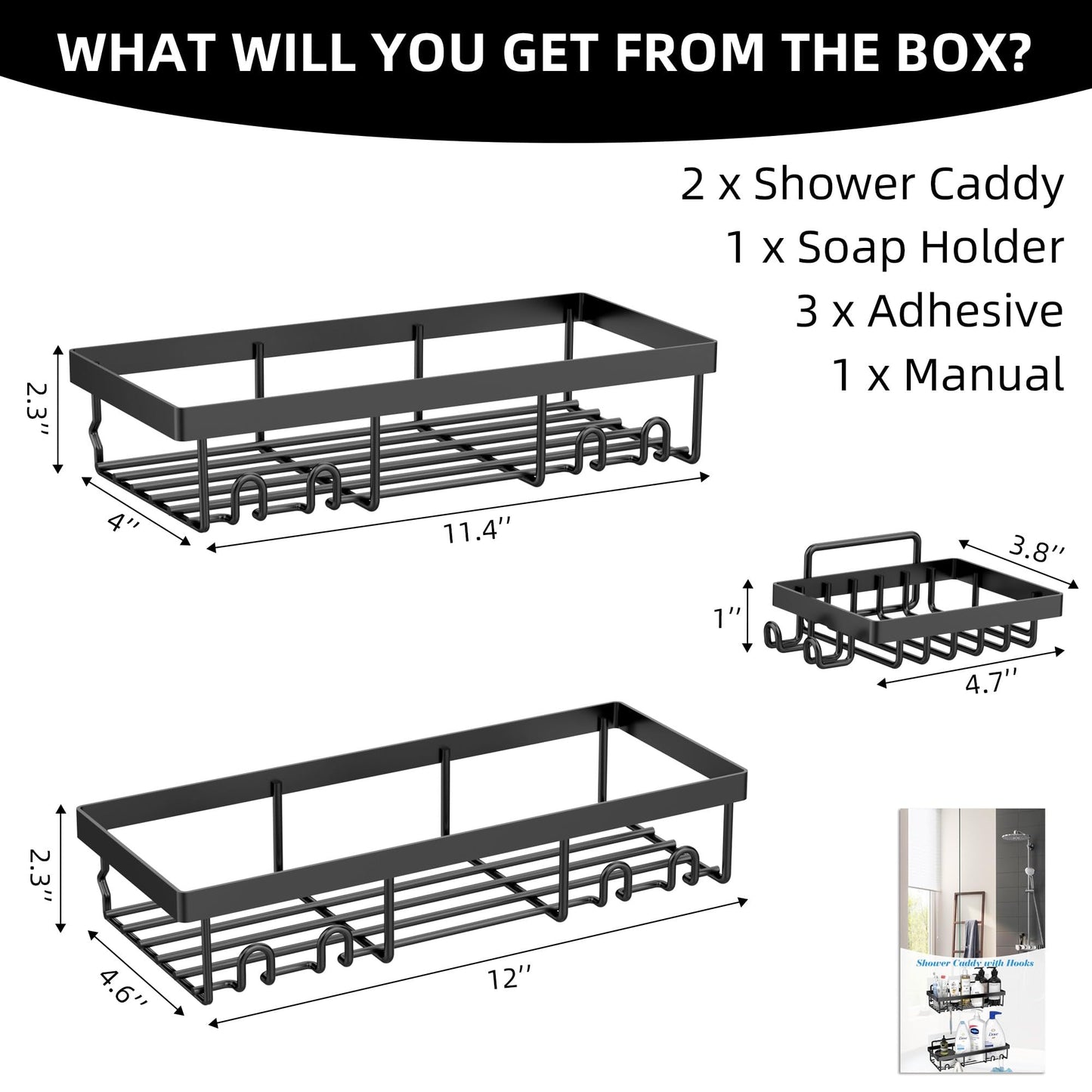 MOFOROCO 3-Pack Shower Caddy Basket Shelf with Soap Holder, No Drilling Traceless Adhesive Shower Wall Shelves, Rustproof Black Bathroom Shower Storage Organizer 🍁 All In One Marketplace Canada