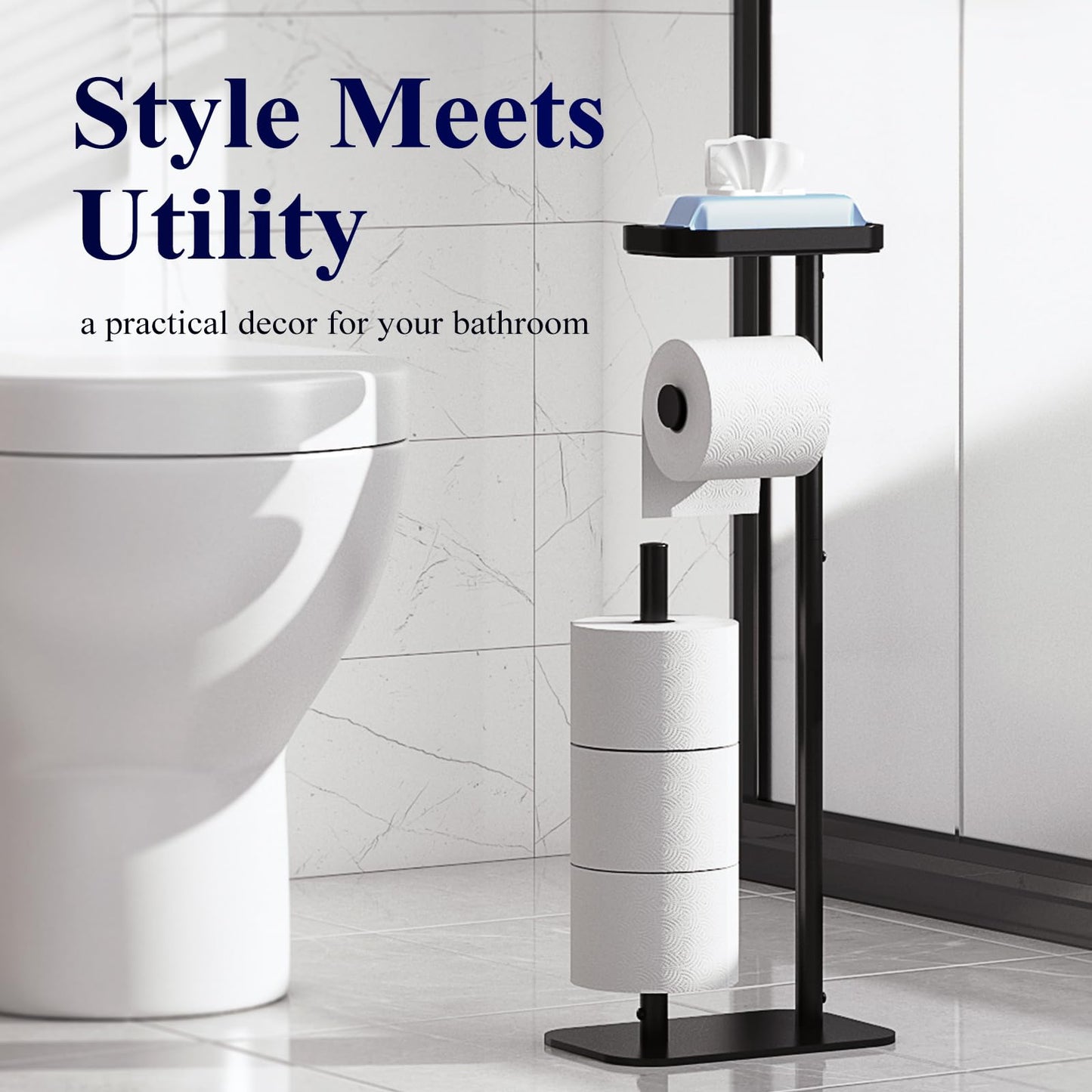 Kitsure Toilet Paper Roll Holder Free Standing โ Rustproof Metal Toilet Paper Stand for 4 Rolls with Anti-Slip Base and Shelf for Phone & Small Items, Black, 63.0 x 23.5 x 15.0 cm ๐ All In One Marketplace Canada