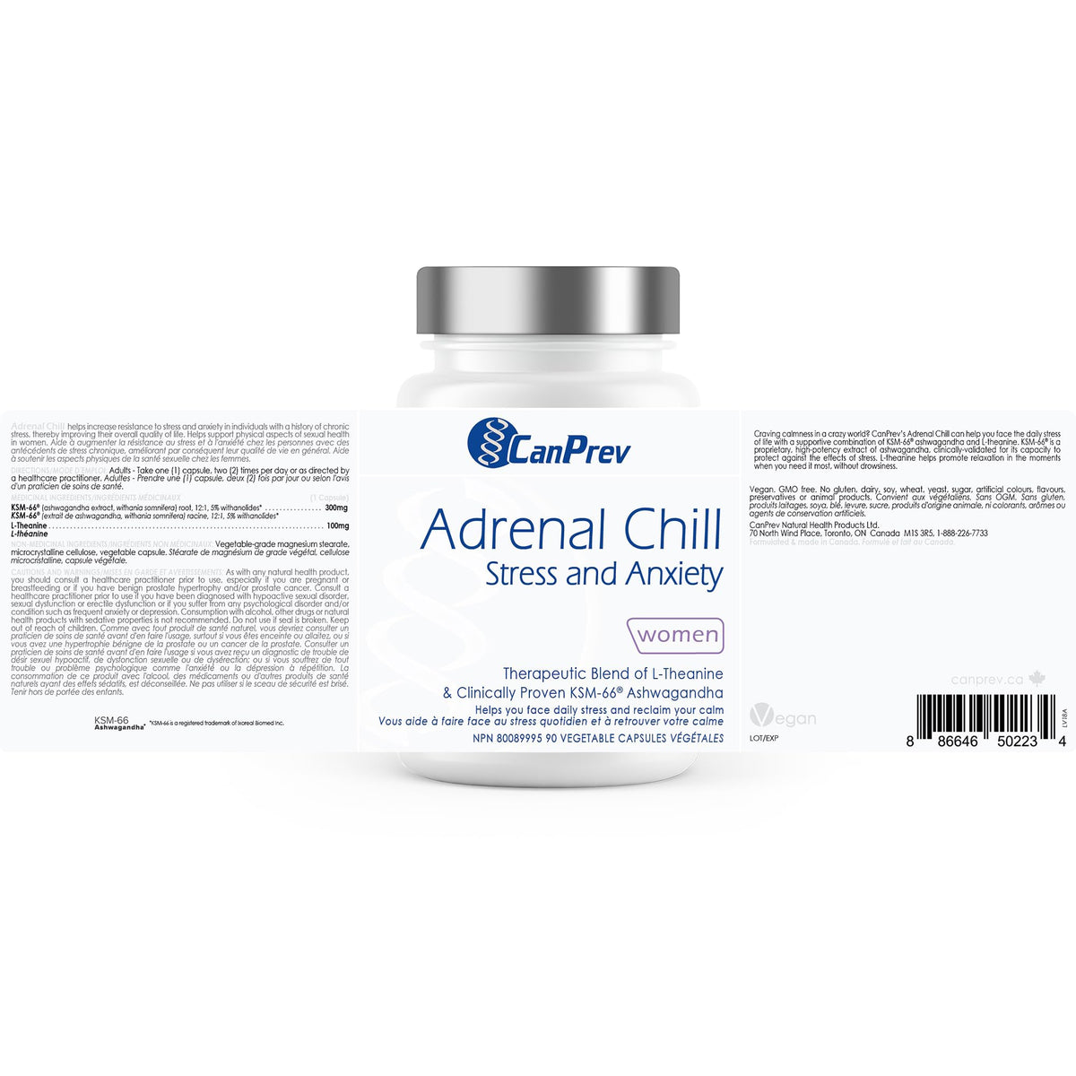 CanPrev Adrenal Chill Women, 90 Veg Capsules, 45-Day Supply with 300mg KSM-66 Ashwagandha & L-Theanine for Calm Focus & Relaxation, Non-GMO, Made in Canada ๐ All In One Marketplace Canada