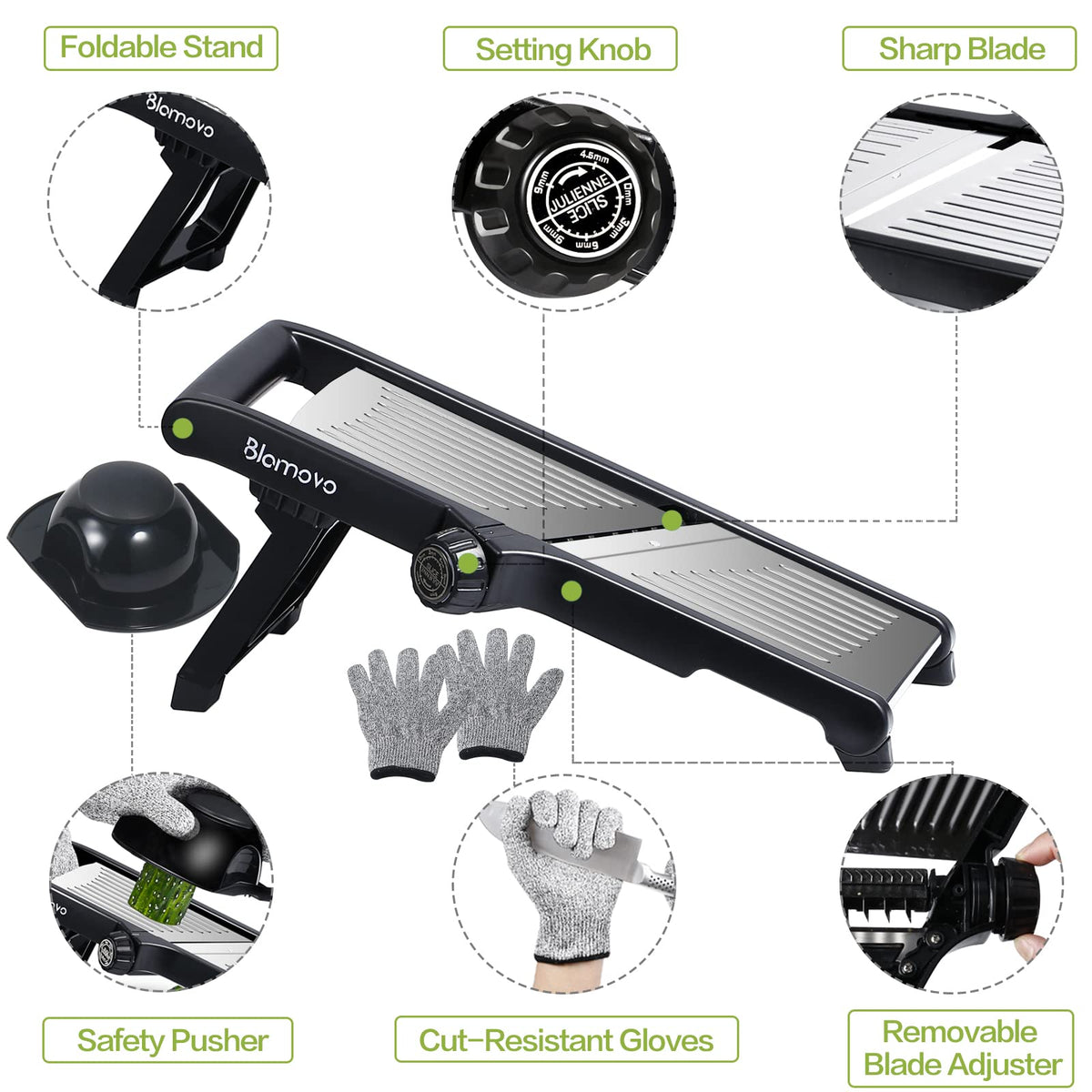 Blamovo Mandoline Slicer for Kitchen, Vegetable Mandolin Slicer with Adjustable Thickness by One-Knob Control, Veggie Fruit Potato Slicer Julienne, with Safety Gloves ๐ All In One Marketplace Canada