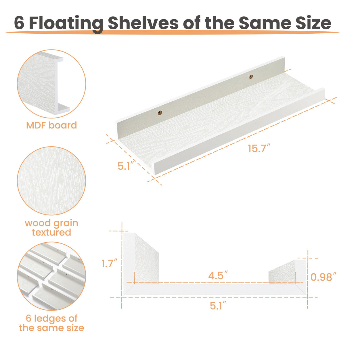 upsimples Floating Shelves for Wall, Decor Storage Set of 6, Wall Mounted Wood Shelves for Bedroom, Living Room, Bathroom, Kitchen, Picture Ledge Shelves, White ๐ All In One Marketplace Canada