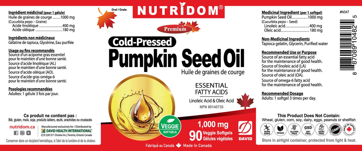 Nutridom Pumpkin Seed Oil Capsules 1000 mg, 90 Veggie Softgels, Cold-Pressed, Essential Fatty Acids, Linoleic & Oleic Acid, Vegan, Non-GMO, Gluten Free, Soy Free, Made in Canada ๐ All In One Marketplace Canada