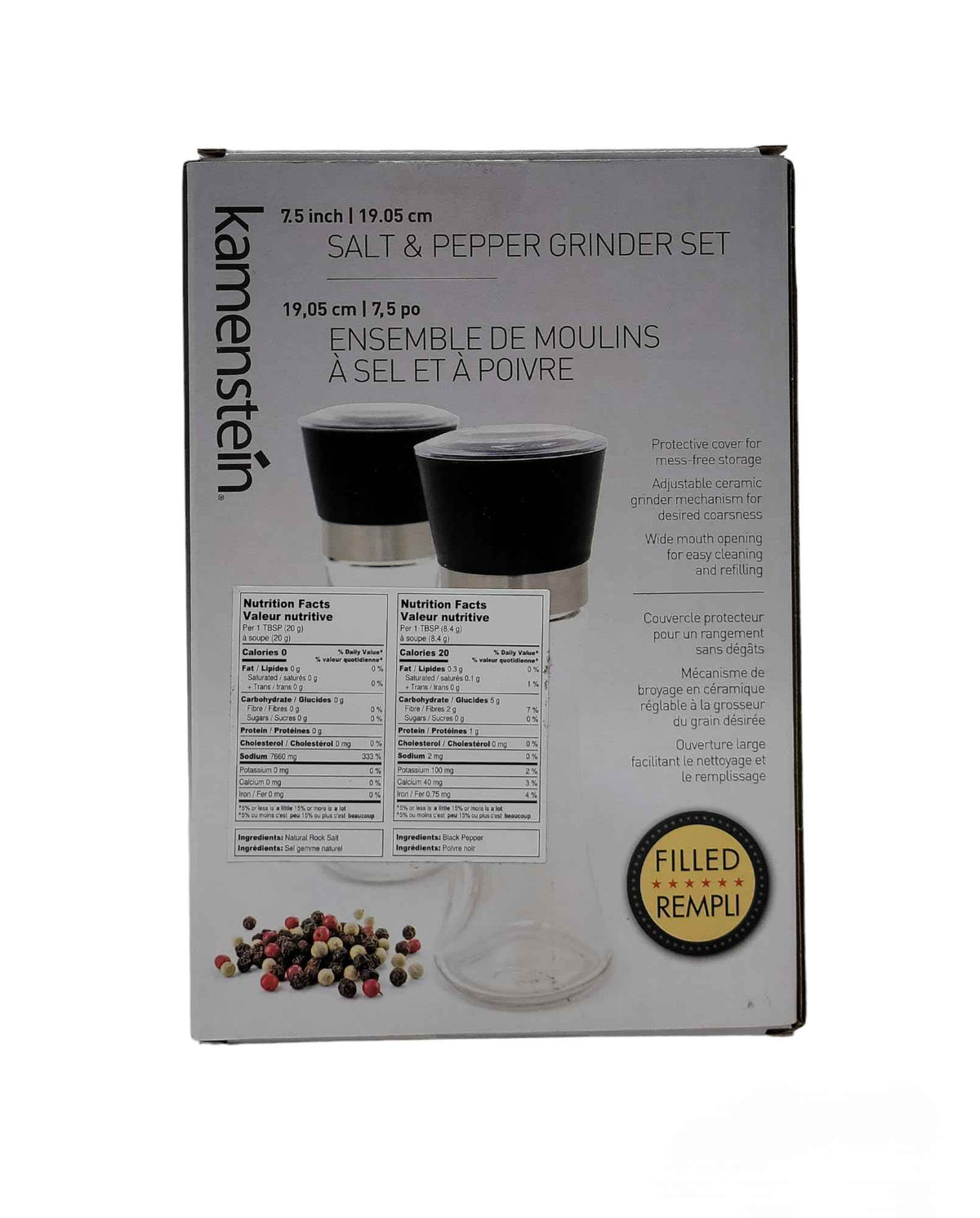Kamensteín - Salt & Pepper Grinder Set, Includes Black Peppercorns and Pink Himalayan Salt (7.5inch) 🍁 All In One Marketplace Canada