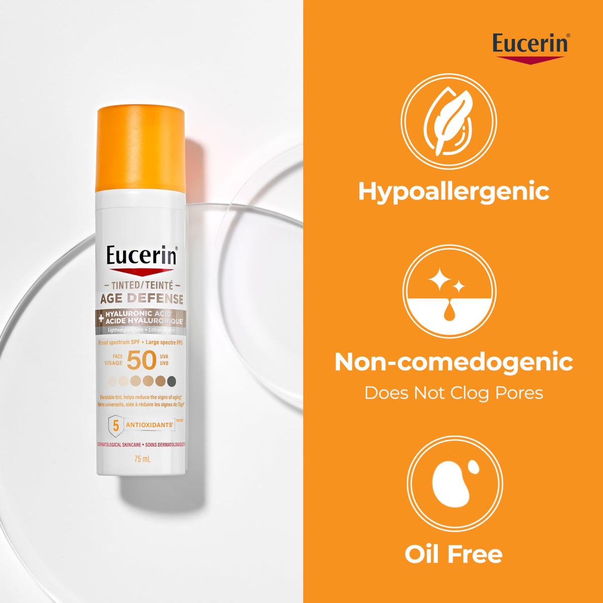 Eucerin Tinted Age Defense SPF 50 Face Sunscreen, Daily Face Sunscreen SPF 50 With Hyaluronic Acid and Antioxidants, Body SPF 50 Lotion with UVA-UVB Sun Protection, Fragrance Free & Non Greasy, 50 ml ๐ All In One Marketplace Canada