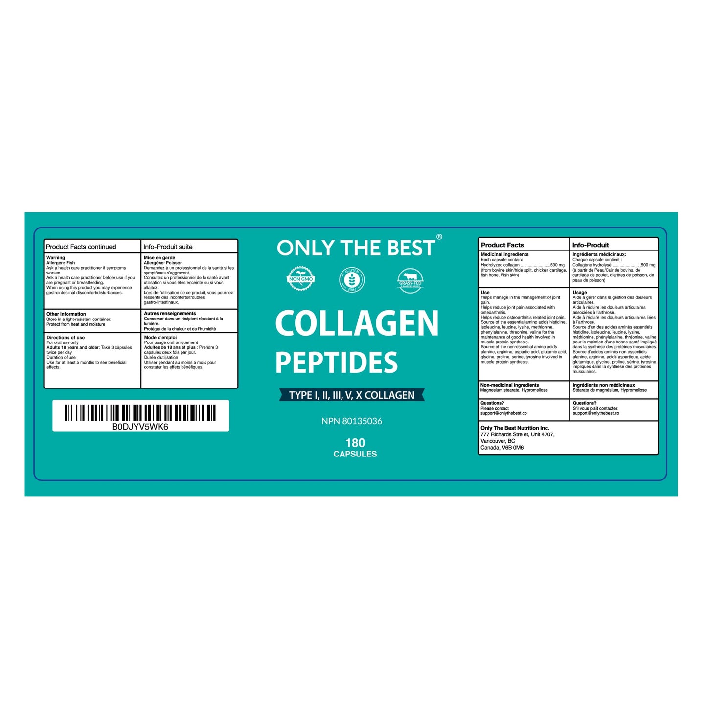 Premium Multi Collagen Peptides Capsules 3000mg - Types I, II, III, V, X To Support Skin, Hair, Nails & Bones - Helps Maintain Strong Joints, Ligaments, Muscles, & Digestive Health* - Hydrolyzed Collagen Supplement 180 Capsules