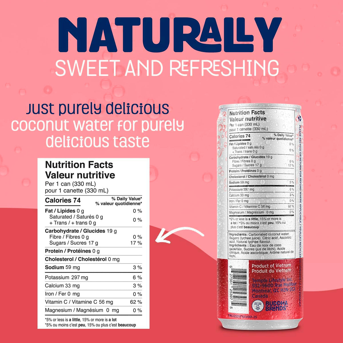 THIRSTY BUDDHA Sparkling Coconut Water with Lychee, No Added Sugar, Pure Coco Drink, Natural Fruit Flavour, Electrolyte & Nutrient-Rich, 12 Pack, (12/330ml) 🍁 All In One Marketplace Canada