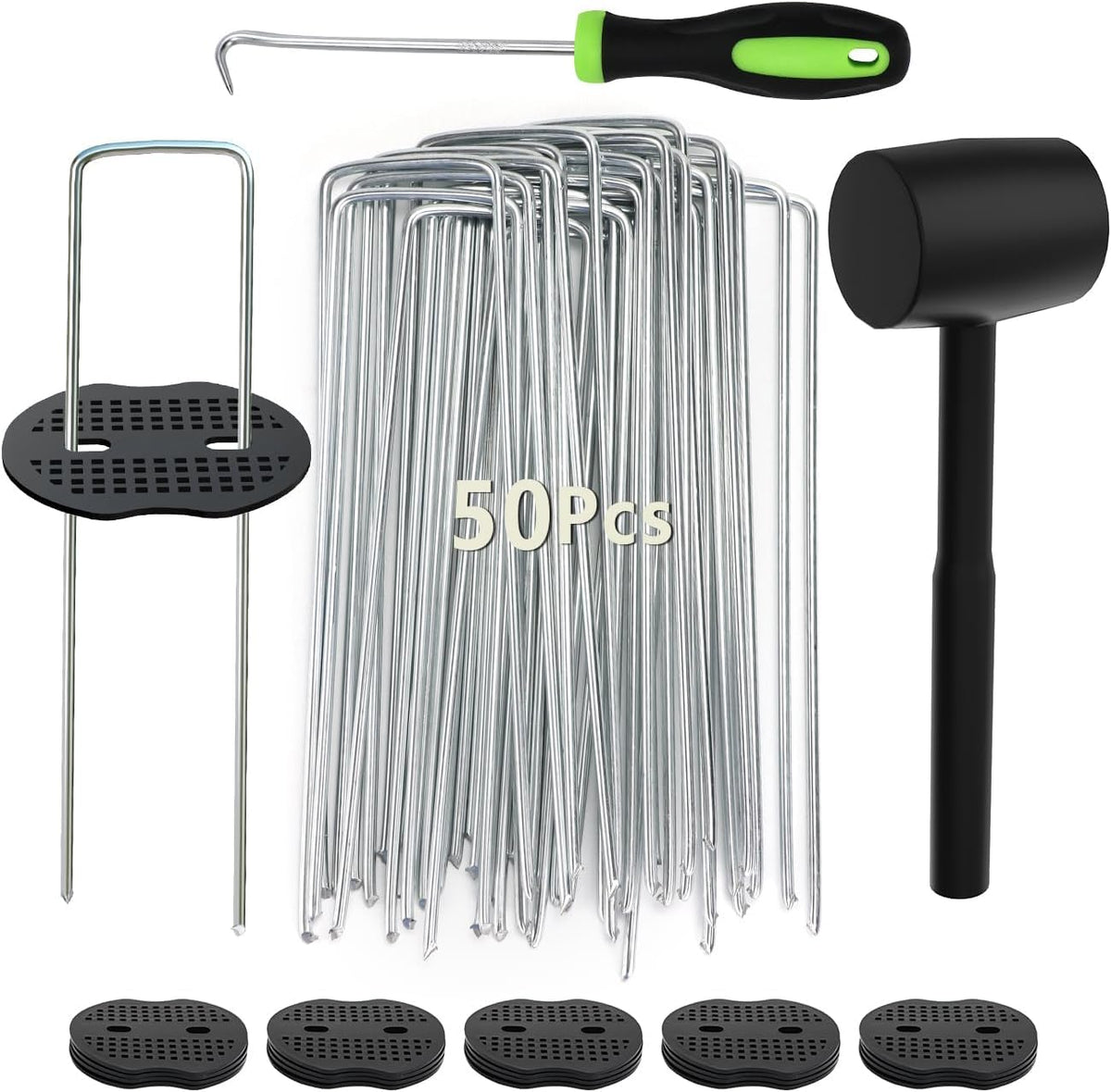 Wohohoho 102Pcs 6 Inches Landscape Staples with Gasket Kit. 50Pcs U-Shaped Garden Stakes and Plastic Fixing Gasket, with Pick Hook and Black Hammer. Pins for Tent Turf Weed Barrier Fabric Hose Fence ๐ All In One Marketplace Canada