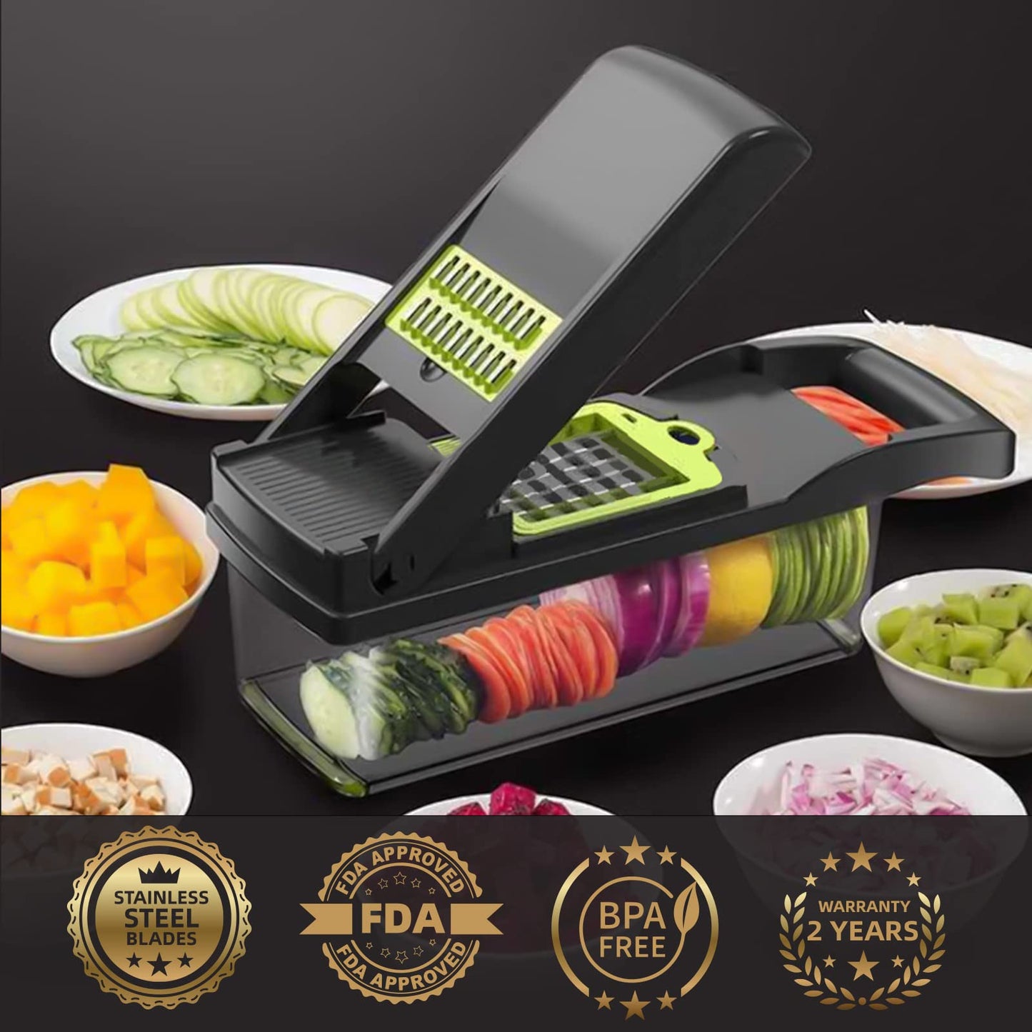 Vegetable Chopper Cutter Slicer Multifunctional 13-in-1 Food Veggie Onion Potato Fruit Chopper Cutter Dicer with Container, 8 Interchangable Blades, Hand Protector, Drain Strainer, Cleaning Brush ๐ All In One Marketplace Canada