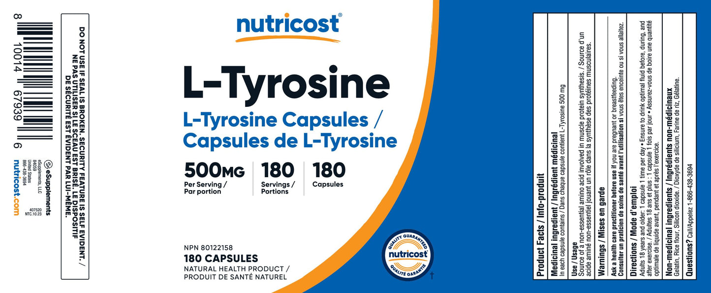 Nutricost L-Tyrosine Supplement (500mg) 180 Capsules - Gluten Free & Non-GMO ๐ All In One Marketplace Canada