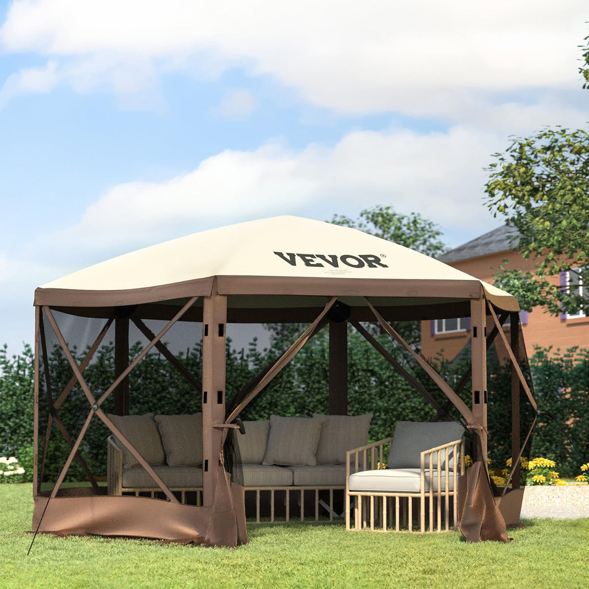 VEVOR Camping Gazebo Tent, 12'x12', 6 Sided Pop-up Canopy Screen Tent for 8 Person Camping, IPX3 Water-Resistant Screen Shelter w/Portable Storage Bag, Ground Stakes, Mesh Windows, Brown & Beige ๐ All In One Marketplace Canada