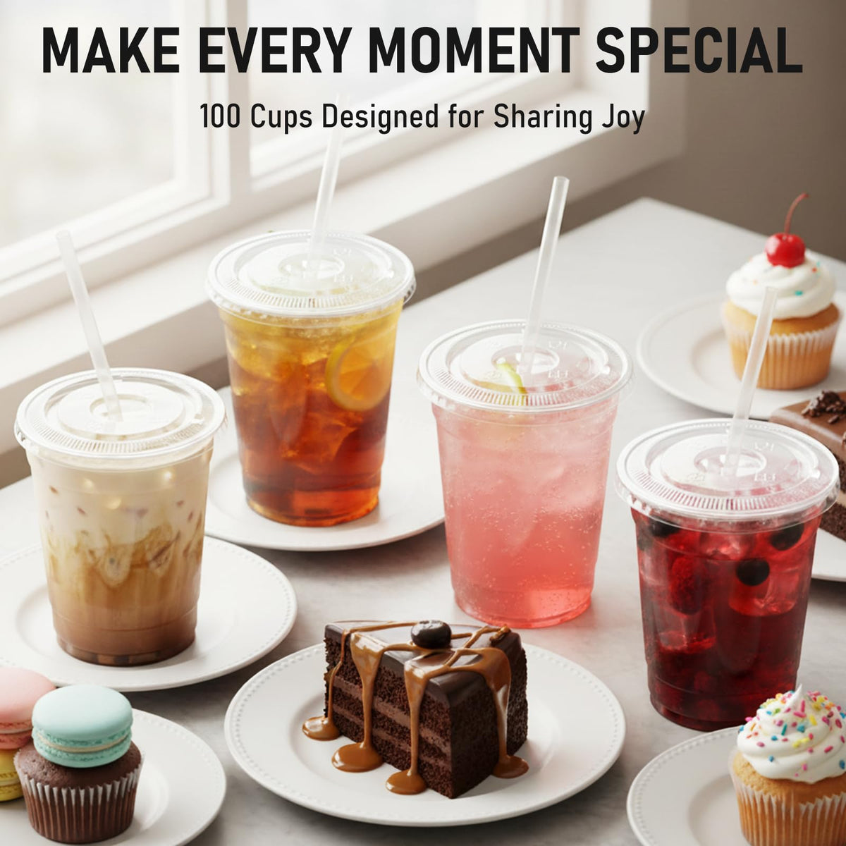 100 Pcs Clear Plastic Cups with Flat Lids and Straws, 12 oz Disposable PET Iced Coffee Cups - Ideal for Ice Coffee, Smoothie, Juice, Lemonade, Cold Beverages 🍁 All In One Marketplace Canada