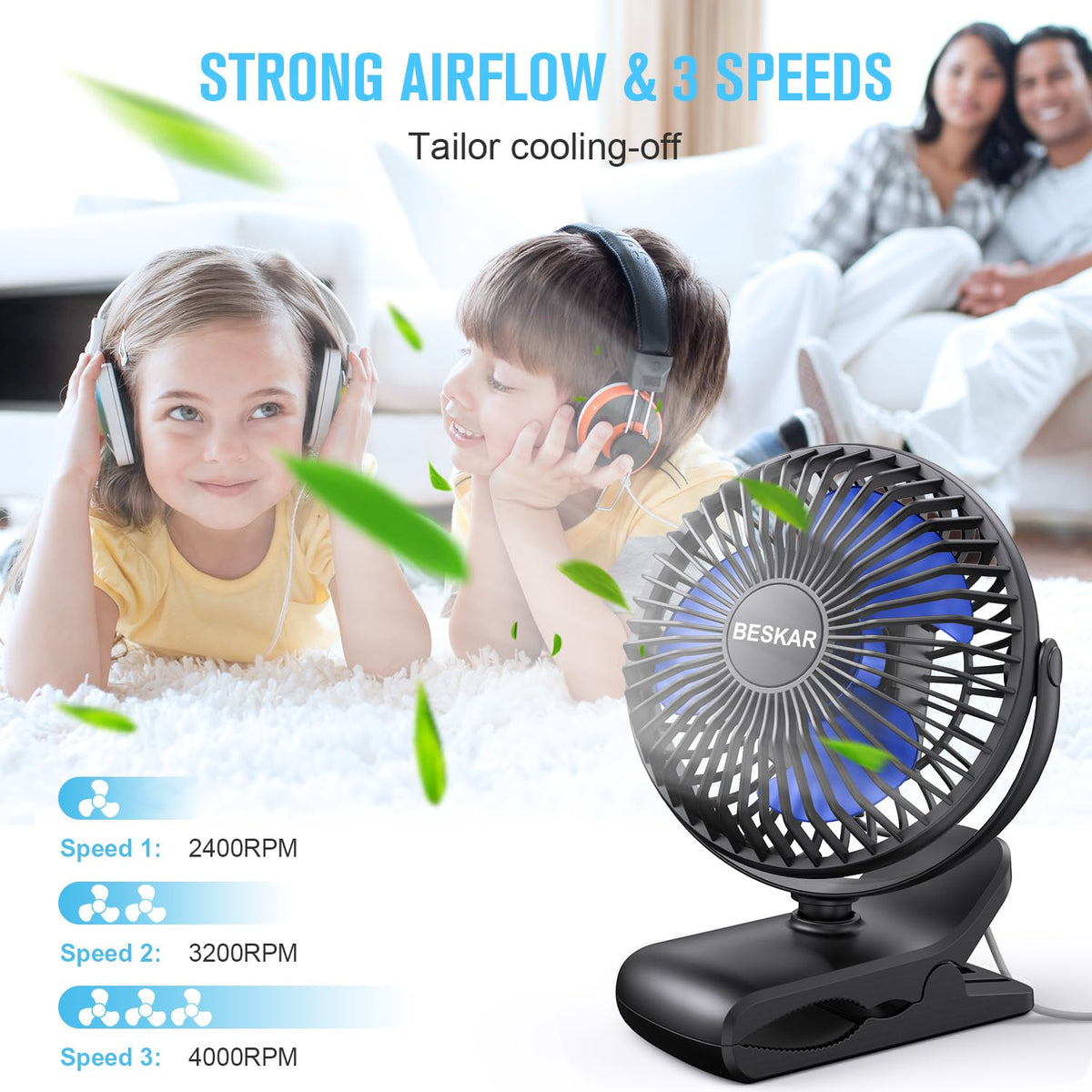 BESKAR USB Powered Clip on Fan, Portable Small Fan with Cord, 3 Speeds Strong Airflow, Personal Fan with Sturdy Clamp, Quiet Desk Fan & Clip Fan ๐ All In One Marketplace Canada