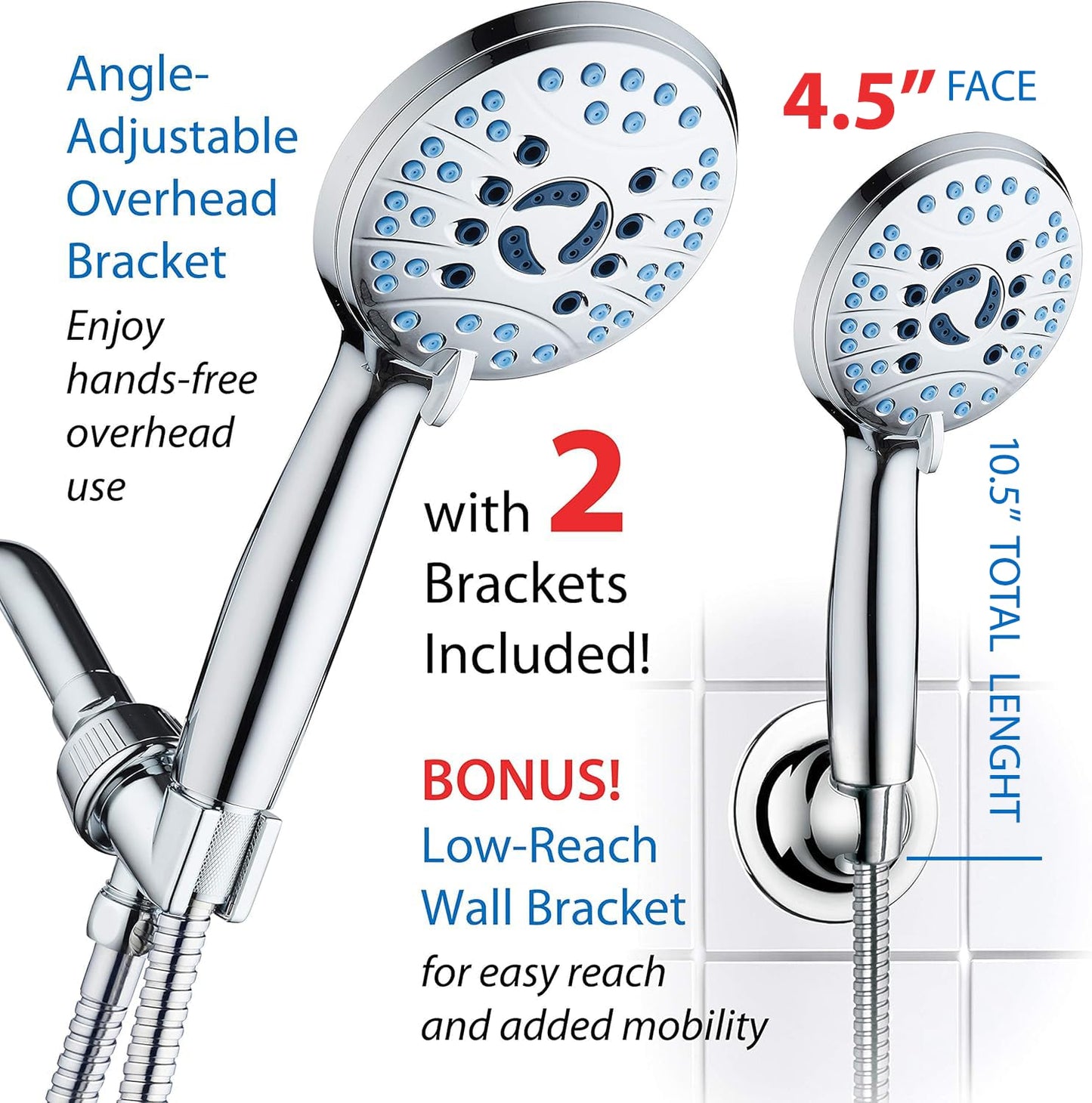AquaCare High Pressure 8-Mode Handheld Shower Head - Anti-Clog Nozzles, Built-in Power Wash to Clean Tub, Tile & Pets, Extra Long 6 ft. Stainless Steel Hose, Wall & Overhead Brackets ๐ All In One Marketplace Canada
