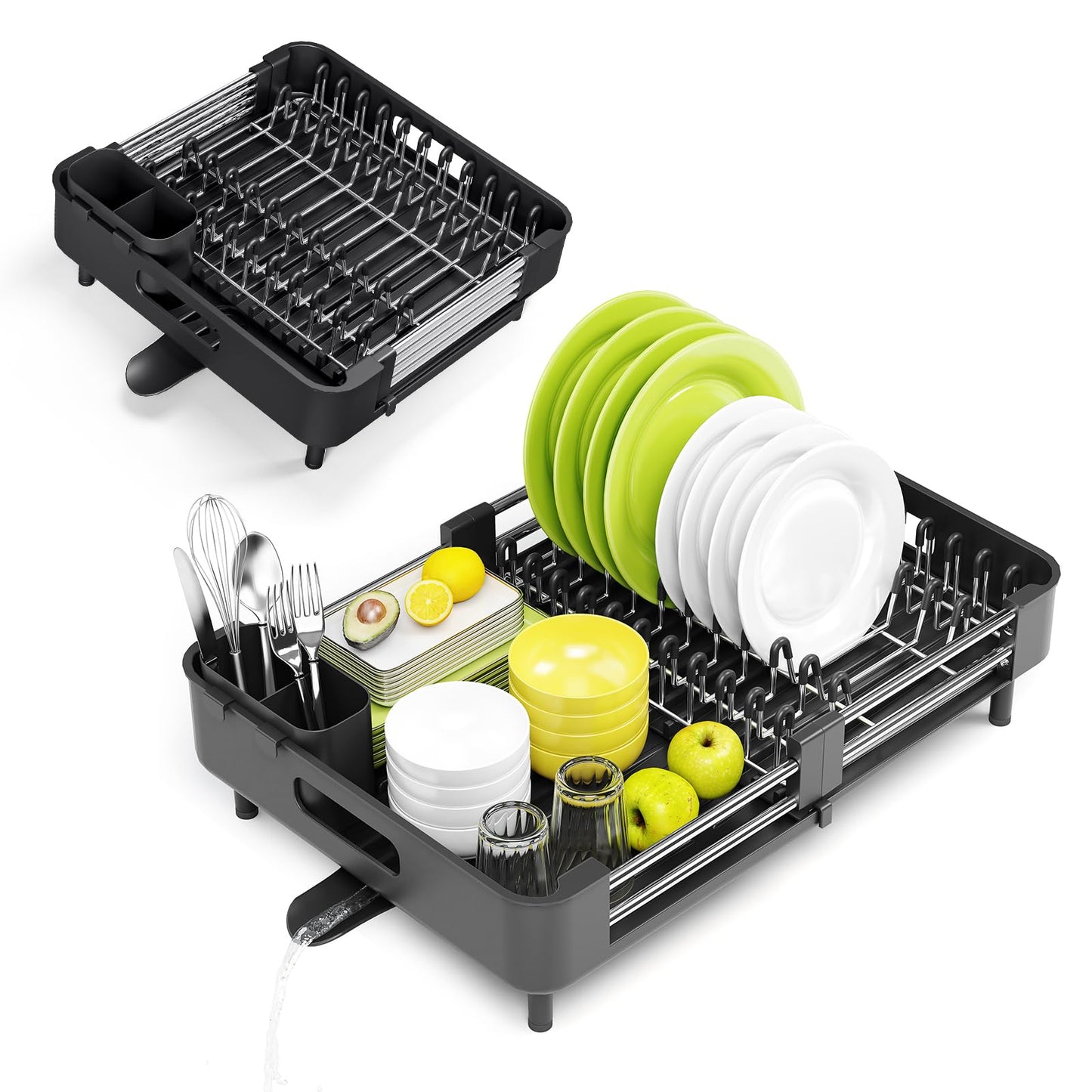 Urackify Extendable Dish Drying Rack, Dual Part Dish Drainers with Non-Scratch and Movable Cutlery Drainer and Drainage Spout, Adjustable Dish Rack for Kitchen,Black ๐ All In One Marketplace Canada