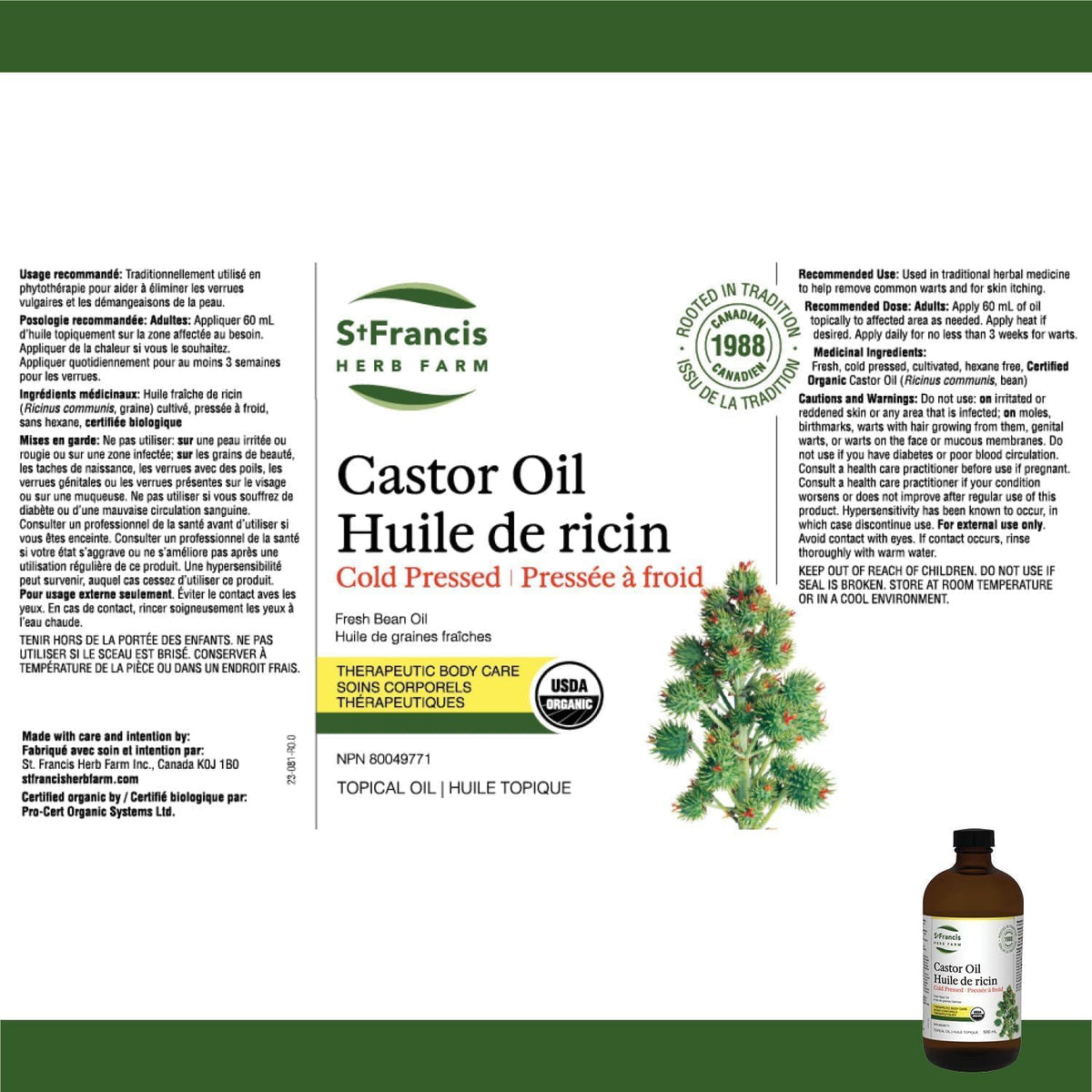 ST FRANCIS HERB FARM Castor Oil (500ml) USDA Certified Organic, Cold Pressed, Hexane-Free, GMO Free, Vegan, Vegetarian, Sealed in Protective Amber Glass (1 Bottle) Hair, Skin, and Nail Care ๐ All In One Marketplace Canada