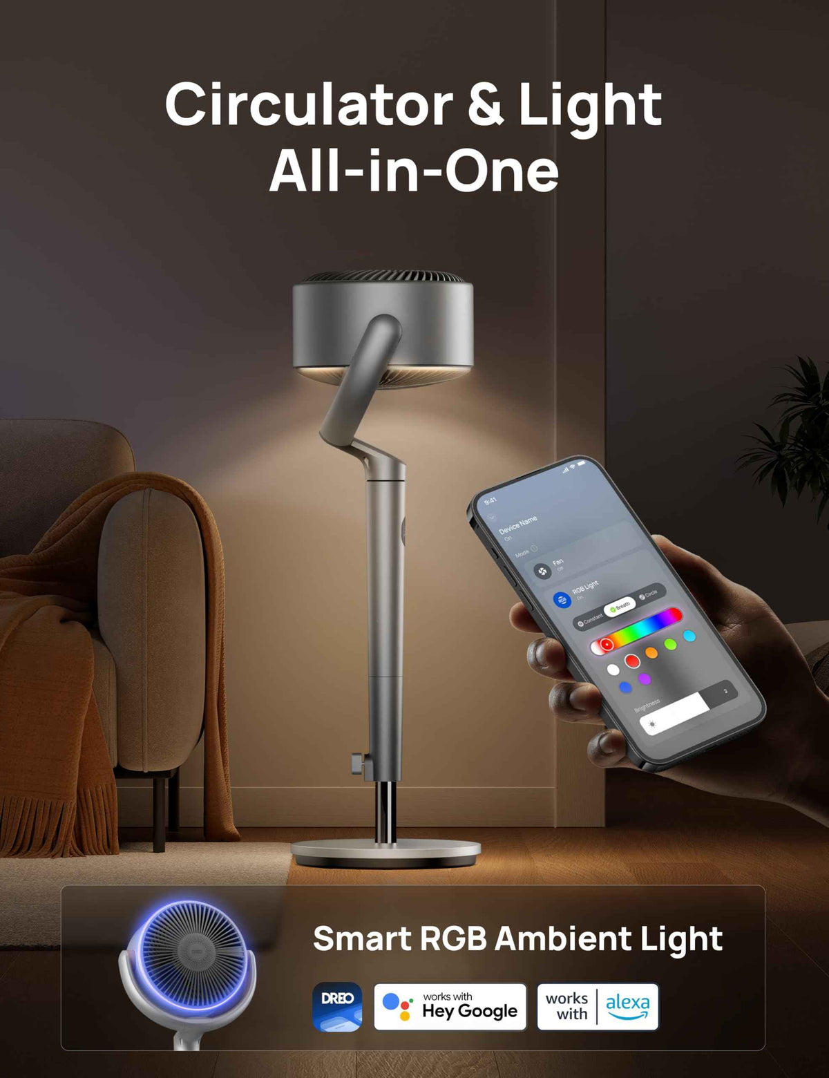 DREO Smart Fans for Bedroom, 120ยฐ +120ยฐ Omni-Directional Oscillating Fan, 90ft Quiet Pedestal Fan with RGB Light, 9 Speeds, 6 Modes, 20dB, 8H Timer, Wi-Fi/Voice, 37-42" Floor Fans with Remote, Silver ๐ All In One Marketplace Canada