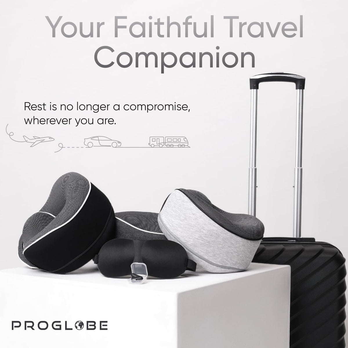 Proglobe Orthopedic Neck Pillow Travel Neck Pillows for Airplanes, Memory Foam Kit, Updated Resting Material, Airplane Travel Set with 3D Contoured Eye Masks, Earplugs, and Luxury Mesh Bag (Grey) ๐ All In One Marketplace Canada