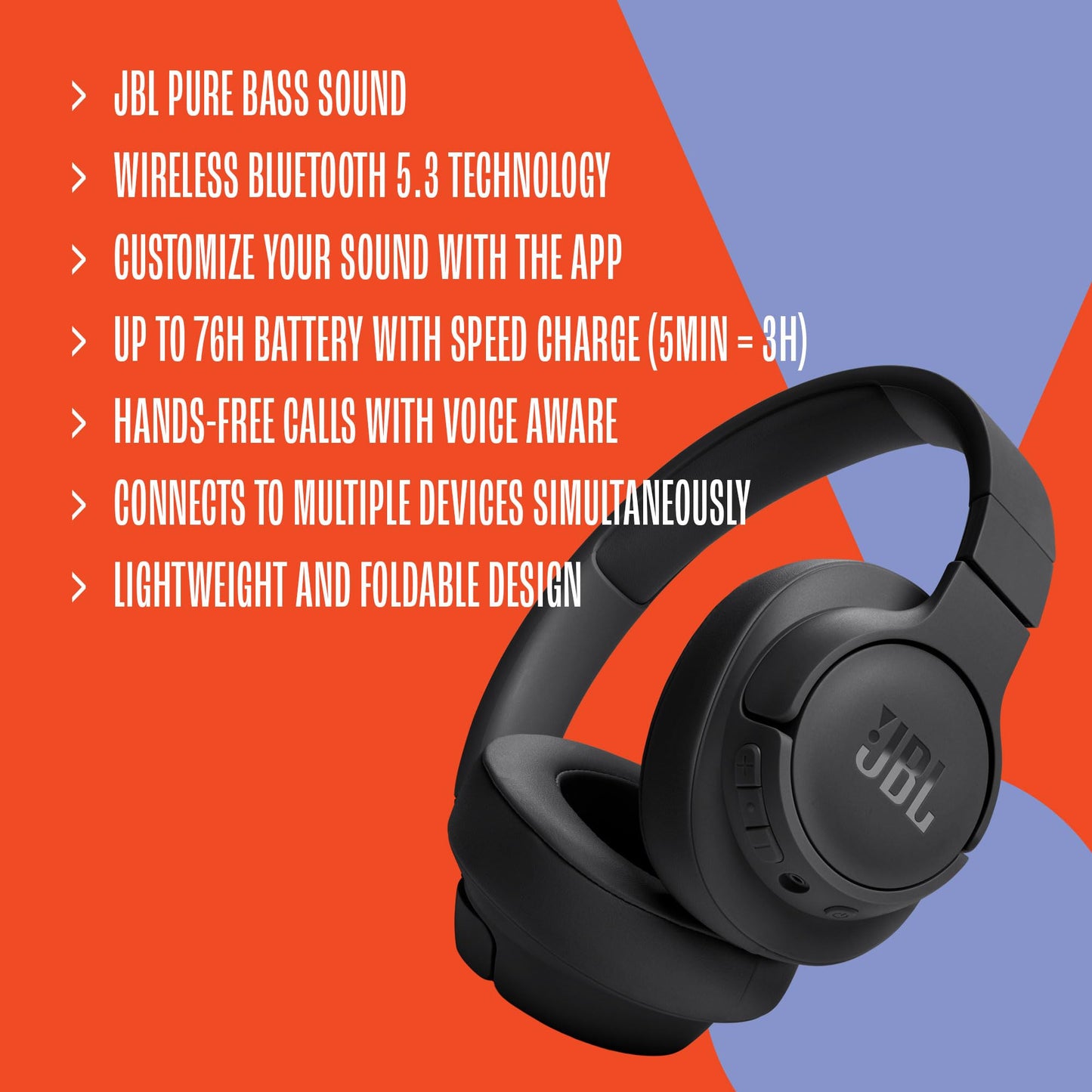 JBL Tune 720BT - Wireless Over-Ear Headphones with JBL Pure Bass Sound, Bluetooth 5.3, Up to 76H Battery Life and Speed Charge, Lightweight, Comfortable and Foldable Design (Blue) ๐ All In One Marketplace Canada