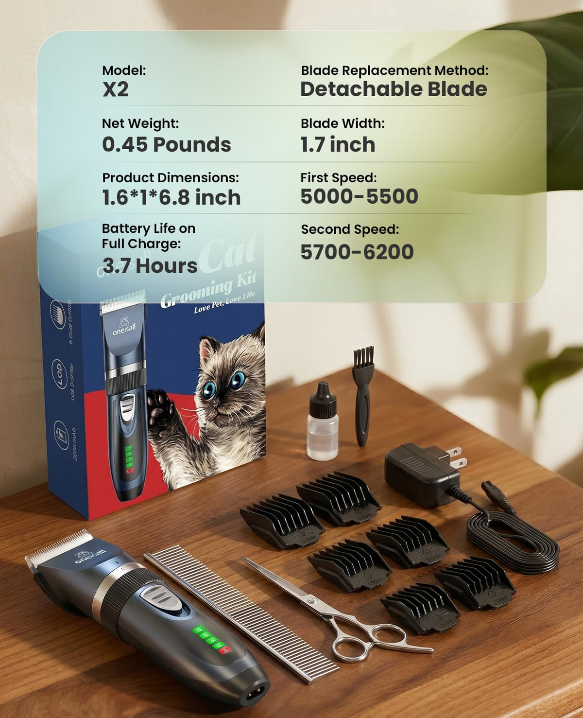 oneisall Quiet Cat Clippers for Matted & Long Hair, 2-Speed Cordless Pet Shaver Grooming Kit for Cats, Small Dogs & Animals (Blue) 🍁 All In One Marketplace Canada