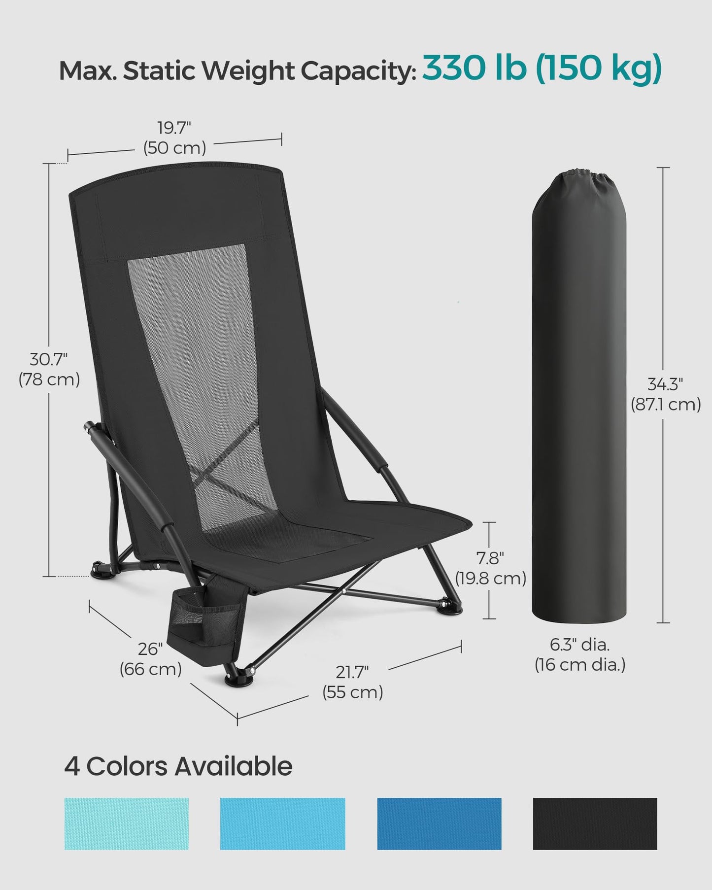 SONGMICS Set of 2 Portable Beach Chairs for Adults, Max. Load 330 lb Each, High Backrest, Cup Holder, Lightweight, Heavy-Duty, Black UGCB067B01V1 ๐ All In One Marketplace Canada