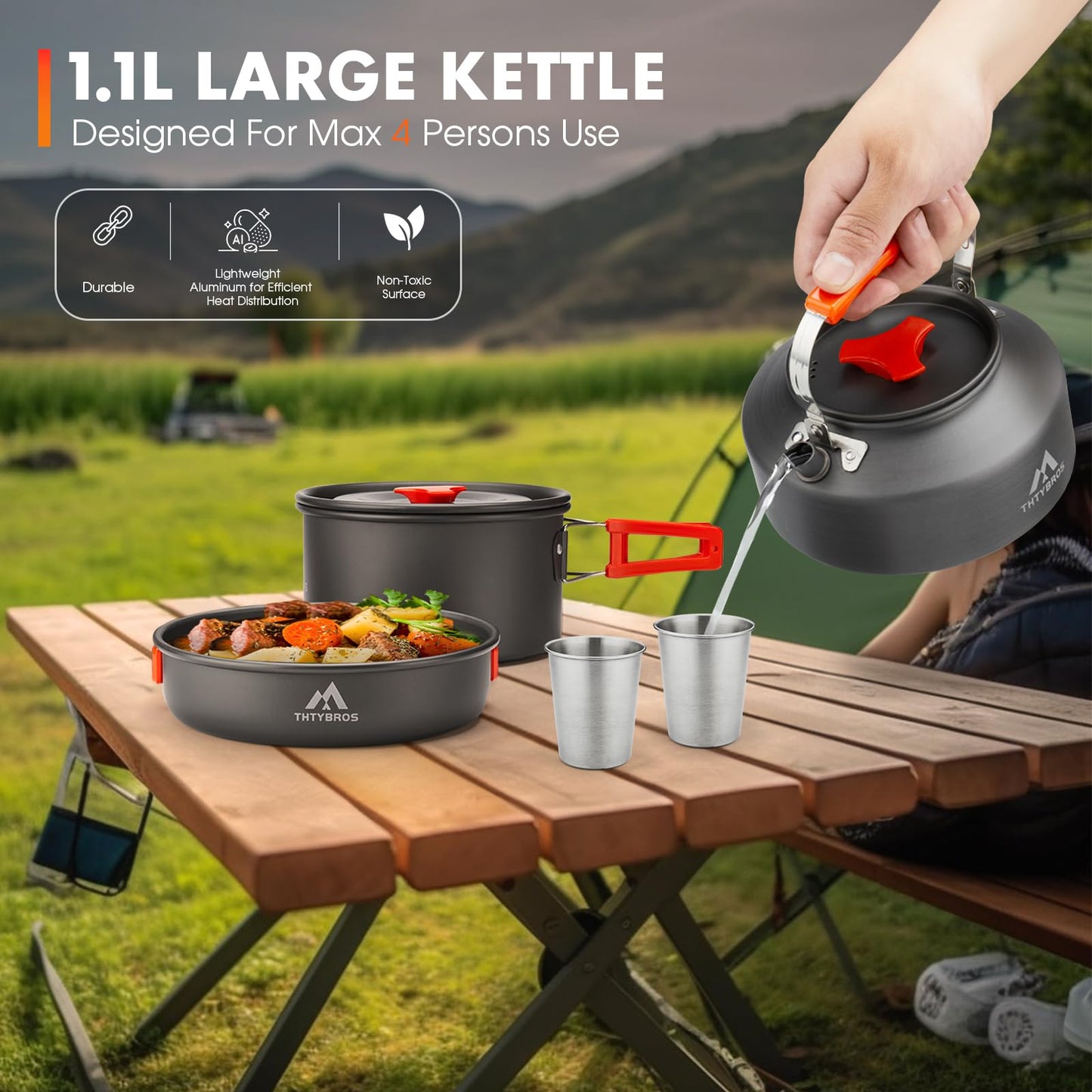 THTYBROS 17pcs Camping Cookware Kit, 0.45Gal Pot, 7inches Pan,0.30Gal Kettle Set with 2 Set Stainless Steel Cups Plates Forks Knives Spoons for Hiking,Camping,Backpacking,Outdoor Cooking and Picnic ๐ All In One Marketplace Canada