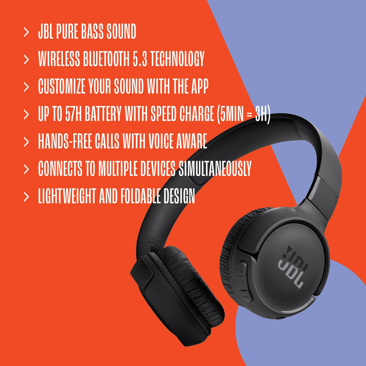 JBL Tune 520BT - Wireless On-Ear Headphones, Up to 57H Battery Life and Speed Charge, Lightweight, Comfortable and Foldable Design, Hands-Free Calls with Voice Aware (White) ๐ All In One Marketplace Canada