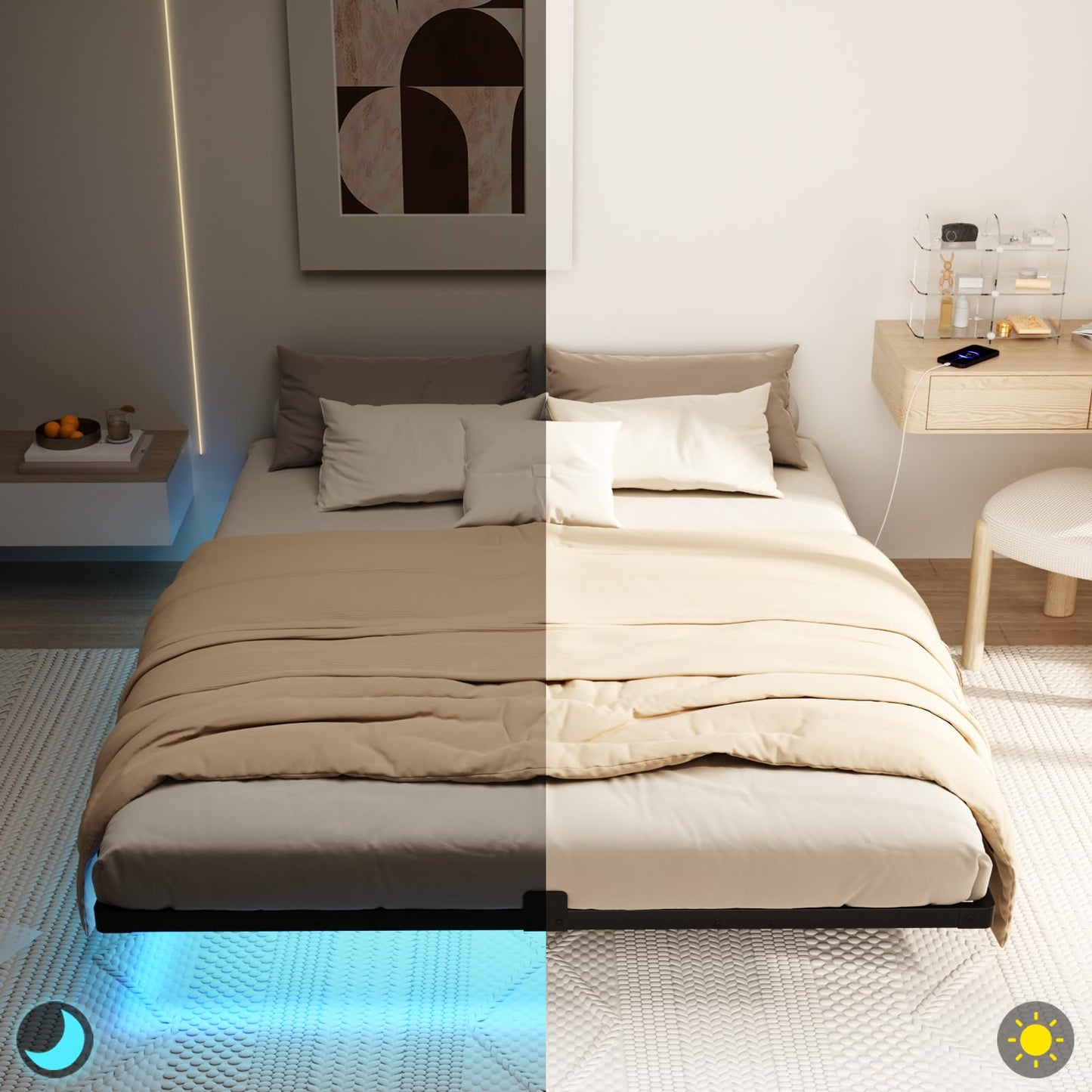LOAKEKEL Queen Bed Frame, with USB Charging Station, Floating Bed Frame Queen Size with Smart LED Lights, Metal Platform Bed, Heavy Duty Steel Slat, No Box Spring Needed, Easy Assembly, HBF150BK ๐ All In One Marketplace Canada