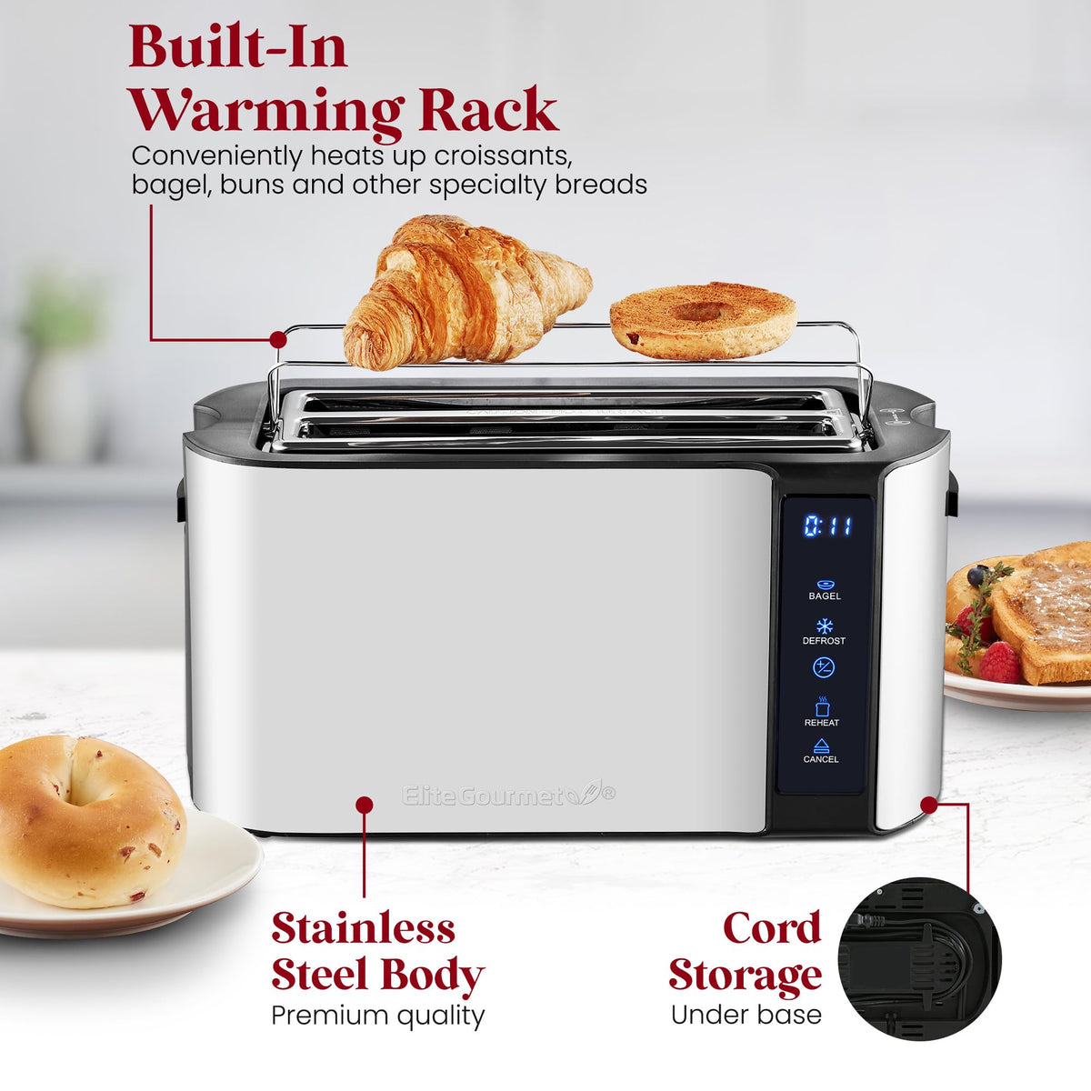 Elite Gourmet ECT5322 Long Slot 4 Slice Toaster, Countdown Timer, Bagel Function, 6 Toast Setting, Defrost, Cancel Function, Built-in Warming Rack, Extra Wide Slots for Bagels Waffles, Stainless Steel ๐ All In One Marketplace Canada
