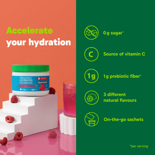Organika Canadian-Made Electrolytes Powder with Vitamin C & Prebiotic Fibre - Sugar-Free Hydration Drink Mix - Wild Raspberry - 210 g - 60 servings 🍁 All In One Marketplace Canada