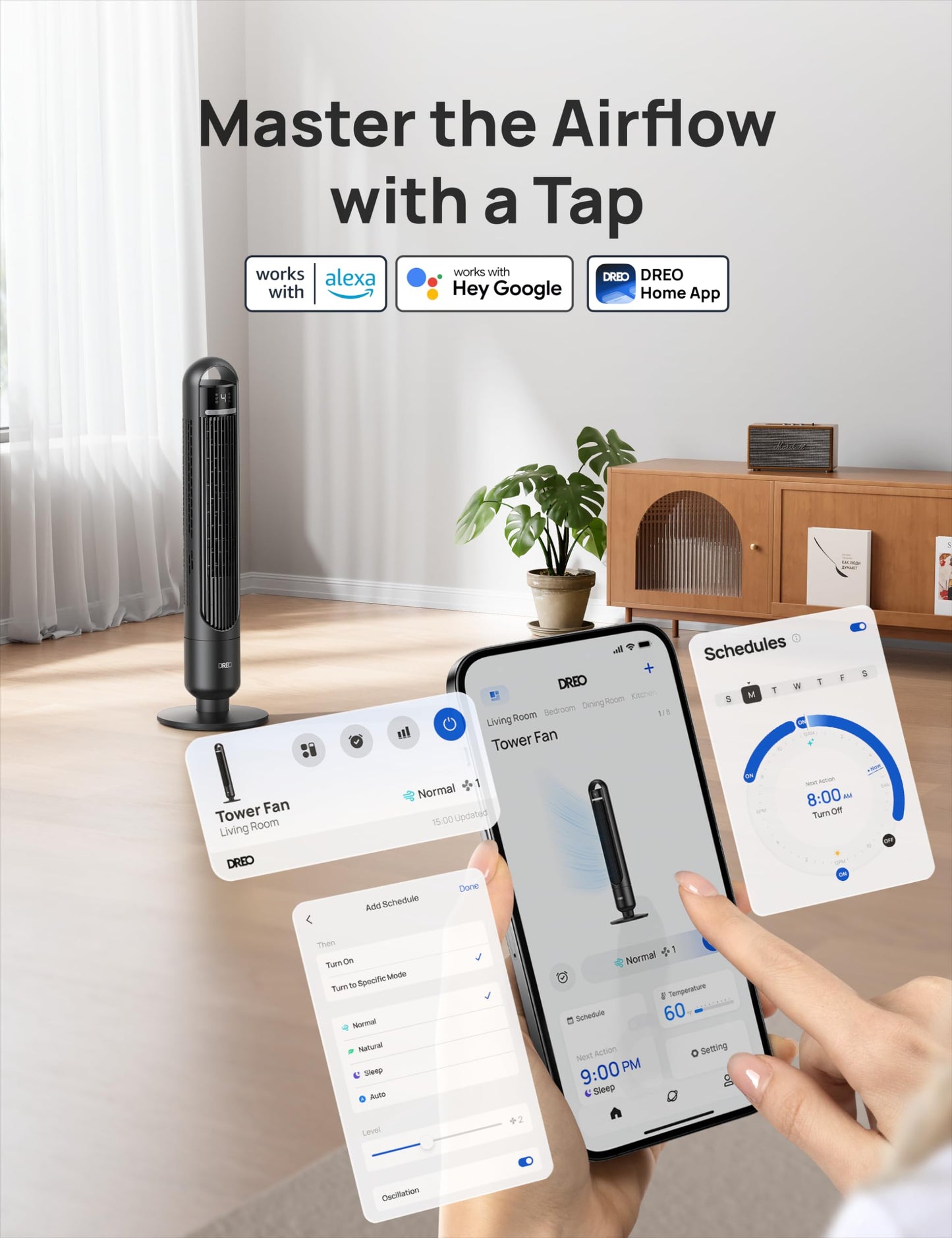 DREO Smart Tower Fan for Bedroom, 90Β° Oscillating Standing Fans for Room with 4 Speeds, 4 Modes, 25dB Quiet for Sleep, 25ft/s Velocity, 8H Timer, Remote/App/Voice Control for Living Room, Office, Home π All In One Marketplace Canada