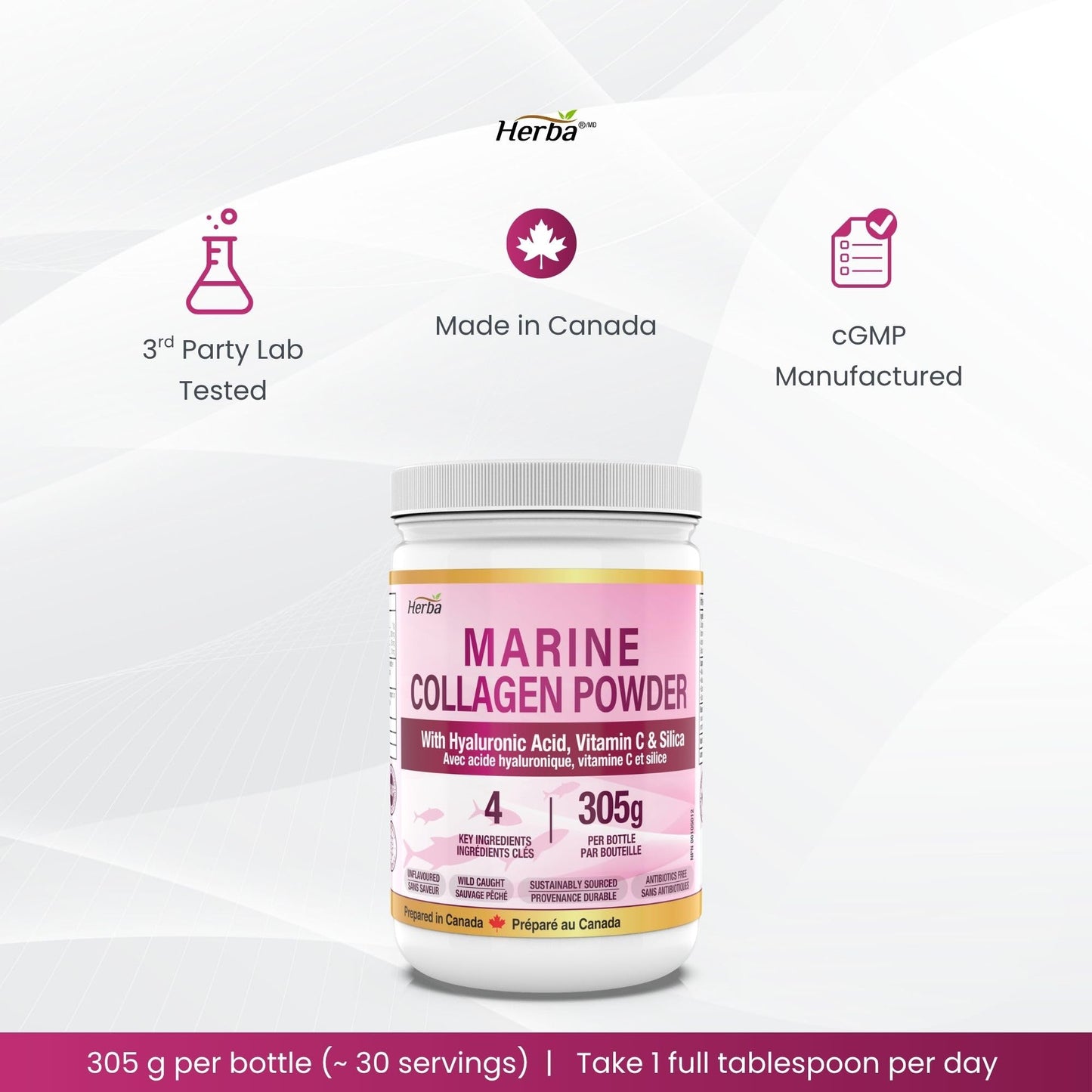 Herba Marine Collagen Powder for Women & Men with Hyaluronic Acid, Vitamin C, and Silica โ 305g | Made in Canada | Wild Caught | Hydrolyzed Collagen Peptides | Antibiotics Free | Sustainably Sourced ๐ All In One Marketplace Canada