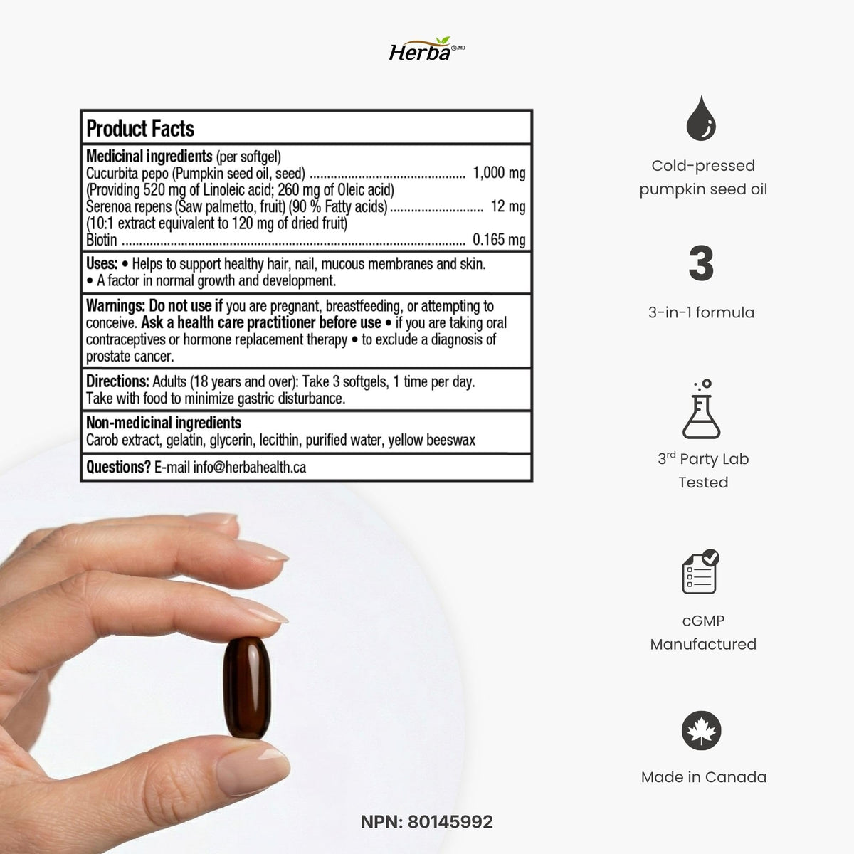 Herba Pumpkin Seed Oil Capsules for Hair - 90 Softgels | 3 in 1 with Saw Palmetto and Biotin | Cold Pressed, Extra Virgin, and Non GMO | Made in Canada ๐ All In One Marketplace Canada