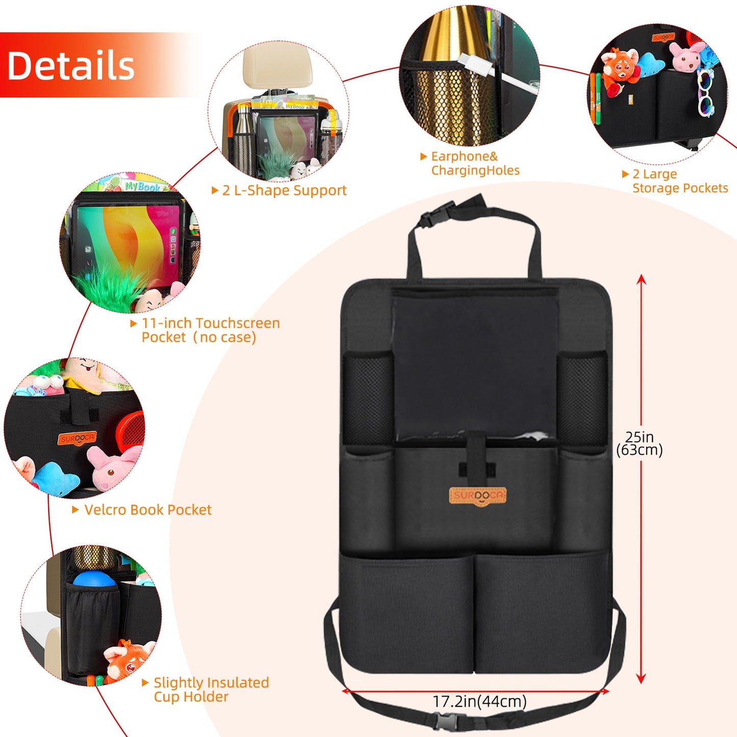 SURDOCA Backseat Car Organizer,4th Gen Back Seat Protector with 11 Inch Tablet Holder, 8 Pockets,Car Storage Accessories Back Seat Organizer for Kids ๐ All In One Marketplace Canada