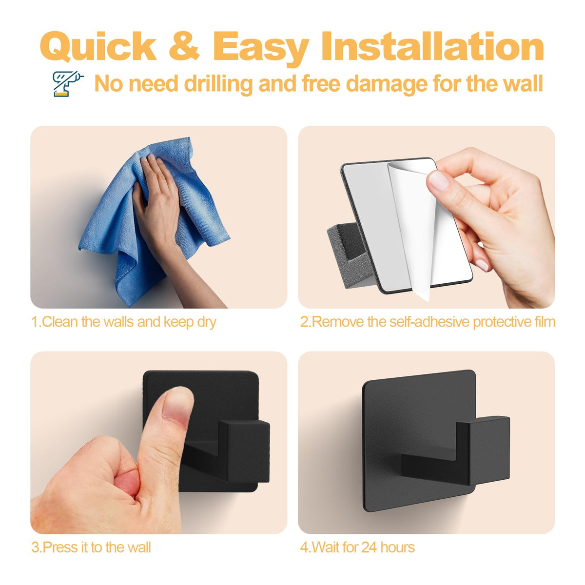 PMMASTO Black 4 Pack Self Adhesive Wall Hooks for Hanging, Stick On Wall Hanger Hook for Shower, Robe, Hat - Aluminium ๐ All In One Marketplace Canada