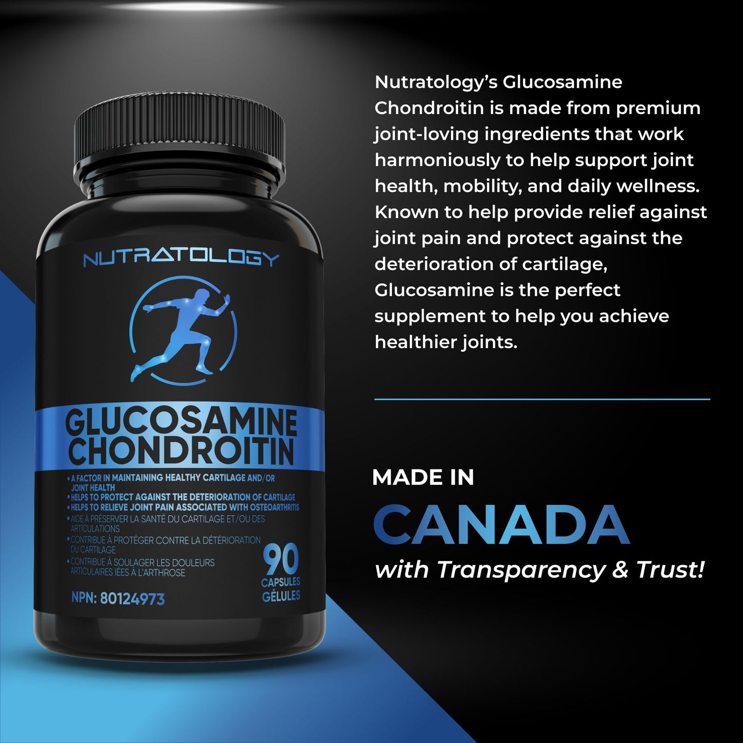 Nutratology® Glucosamine Joint Supplement with Chondroitin, MSM & Turmeric | Canadian-Made | Joint Pain Relief Supplements - 1500MG Glucosamine - Supports Healthy Joints & Cartilage - 90 Capsules 🍁 All In One Marketplace Canada