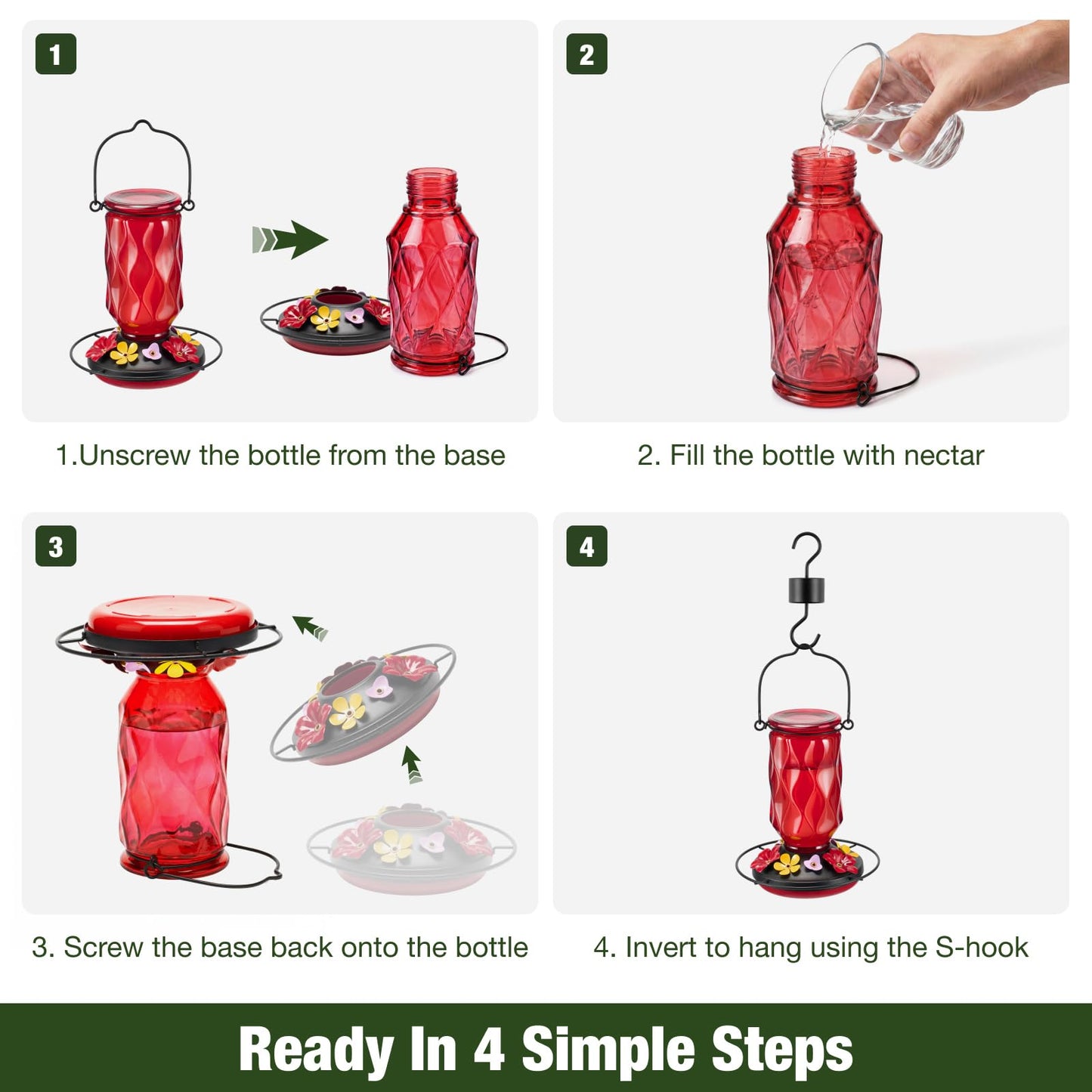 Kingsyard Glass Hummingbird Feeder for Outdoors Hanging, 20 oz Leak-Proof Hummingbird Feeders with 9 Bee Proof Feeding Ports & Ant Moat, Easy to Clean and Refill (Red) ๐ All In One Marketplace Canada