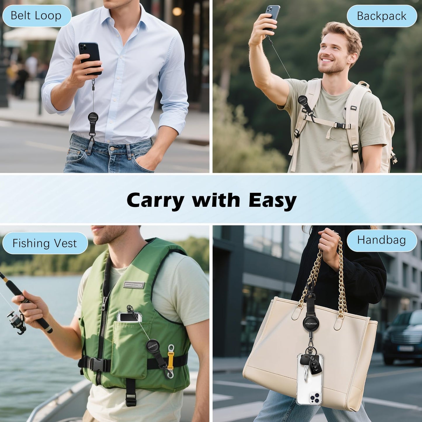 MoKo Anti-theft Phone Tether, Phone Lanyard Retractable Steel Line Cellphone Strap with Locking Carabiner and Metal 360° Tether Tab for Outdoor Skiing Hiking Climbing Fishing, Black 🍁 All In One Marketplace Canada