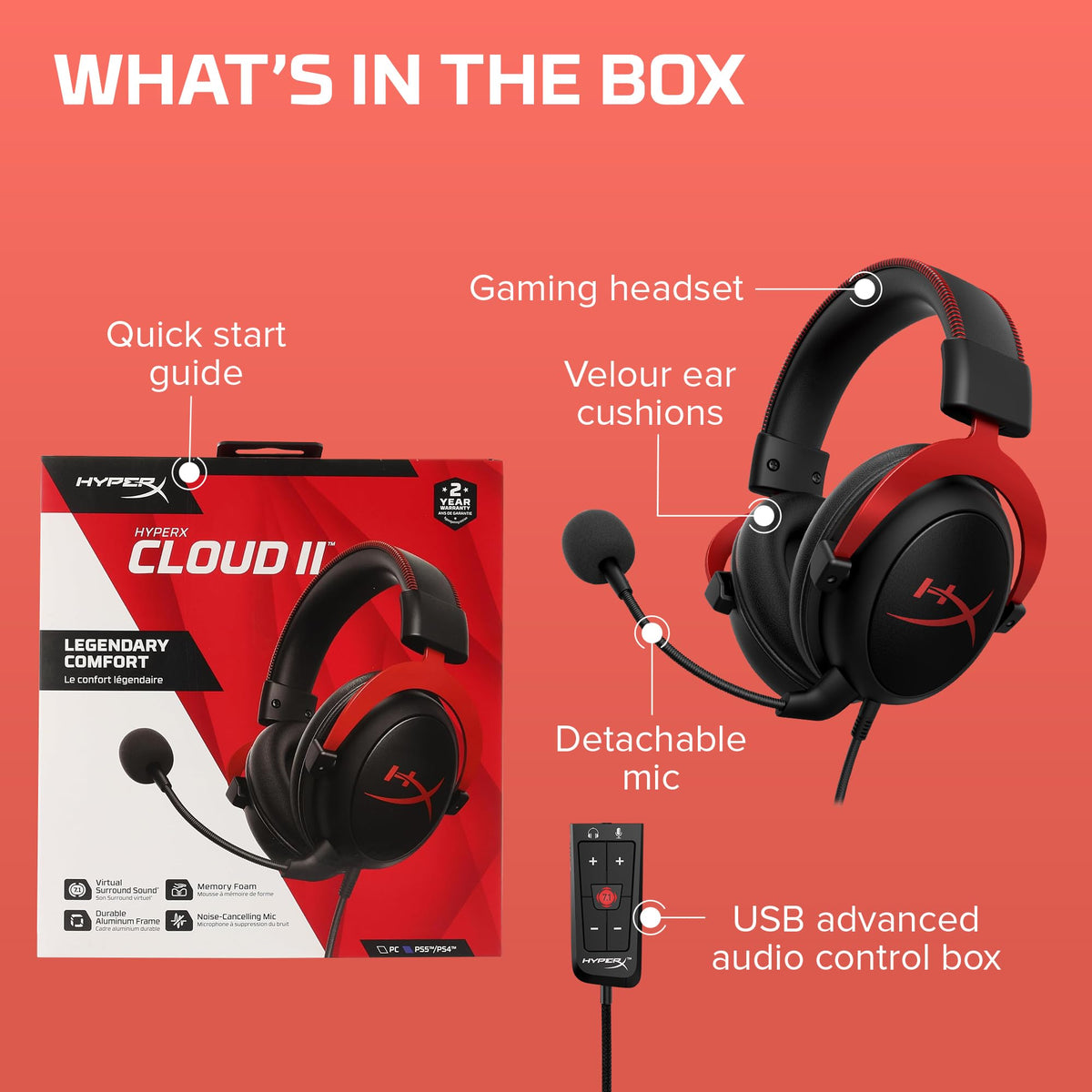 HyperX Cloud II - Gaming Headset, 7.1 Surround Sound, Memory Foam Ear Pads, Durable Aluminum Frame, Detachable Microphone, Works with PC, PS5, PS4, Xbox Series X|S, Xbox One โ Red ๐ All In One Marketplace Canada