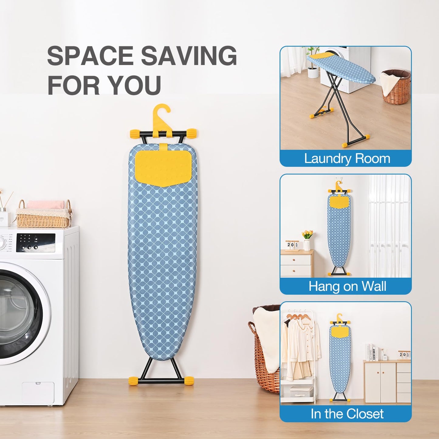 APEXCHASER Ironing Board with Iron Rest, Compact and Space Saver Iron Board, Extra Thick Cover, Height Adjustable, Wall Mount & Closet Hanger 13x43 Yellow ๐ All In One Marketplace Canada