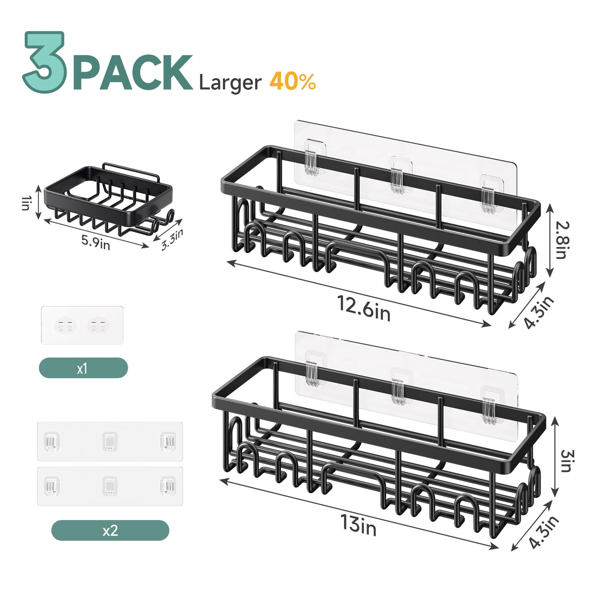 Veken Large Capacity Shower Caddy 3-Pack, No Drilling Adhesive Rack with Soap Holder, Rustproof & Waterproof Shelves, Bathroom Organizers and Storage, Wall-Mounted Kitchen & Home Decor, Black ๐ All In One Marketplace Canada