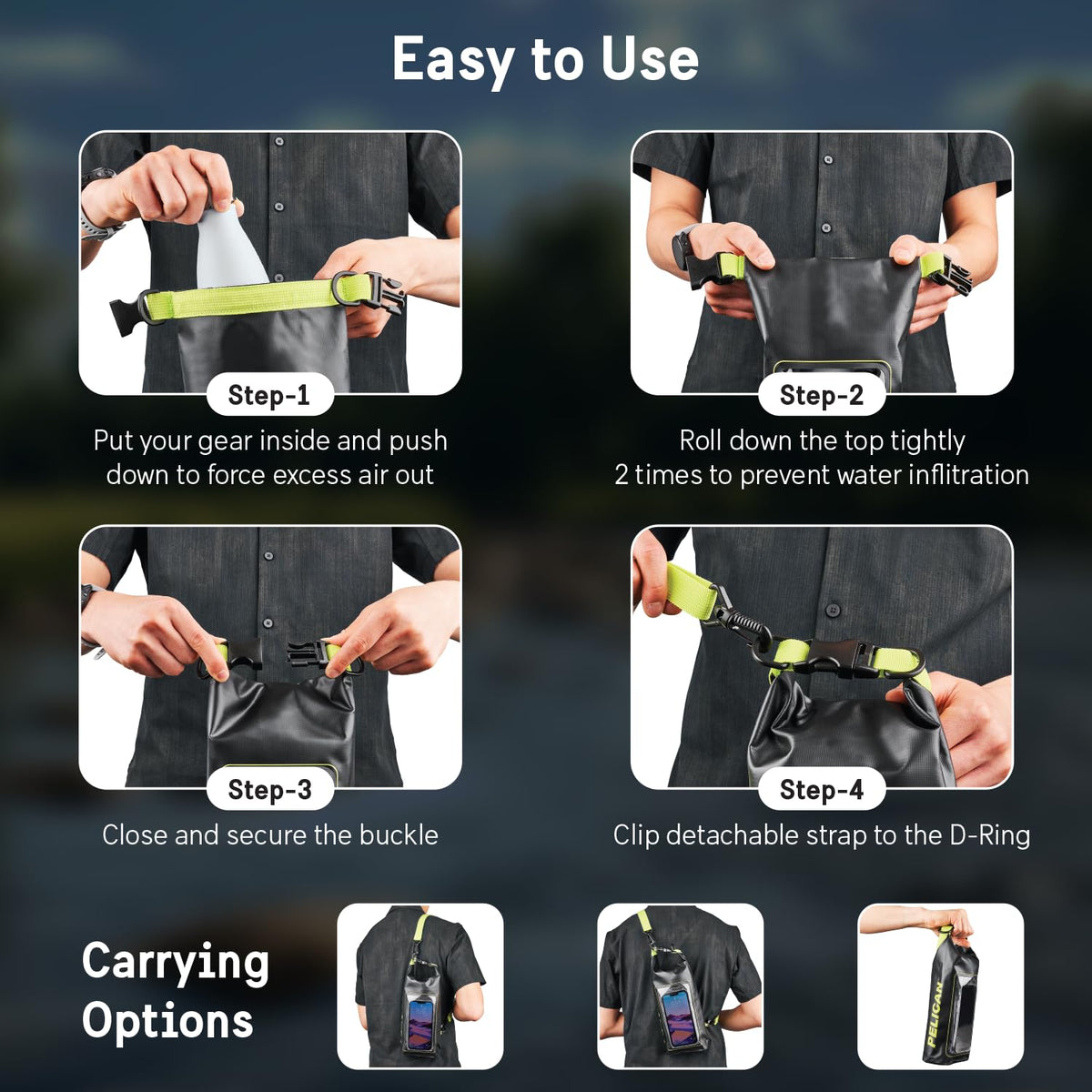 Pelican Marine IP68 Waterproof Dry Bag 2L w/Phone Pouch/Case - Black/Yellow ๐ All In One Marketplace Canada