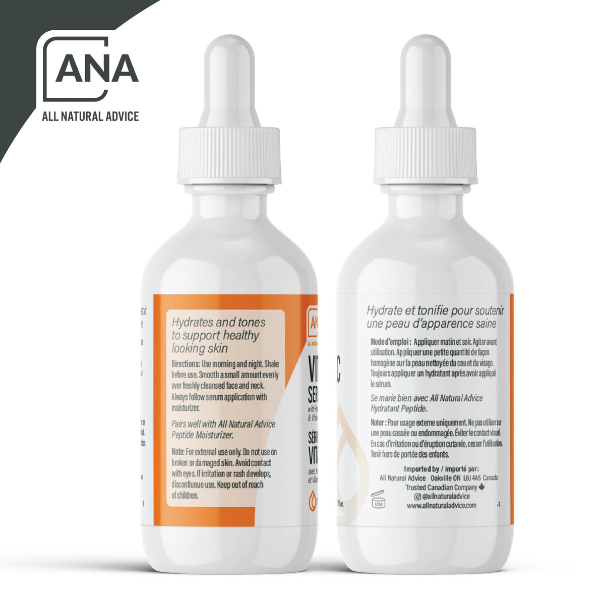 All Natural Advice Vitamin C Serum 60mL | 20% Vitamin C Face Serum Solution with Organic Botanicals, Hyaluronic Acid & Vitamin E | UV-Shielding Glass Bottle, Spray & Dropper | Canadian Skin Care ๐ All In One Marketplace Canada