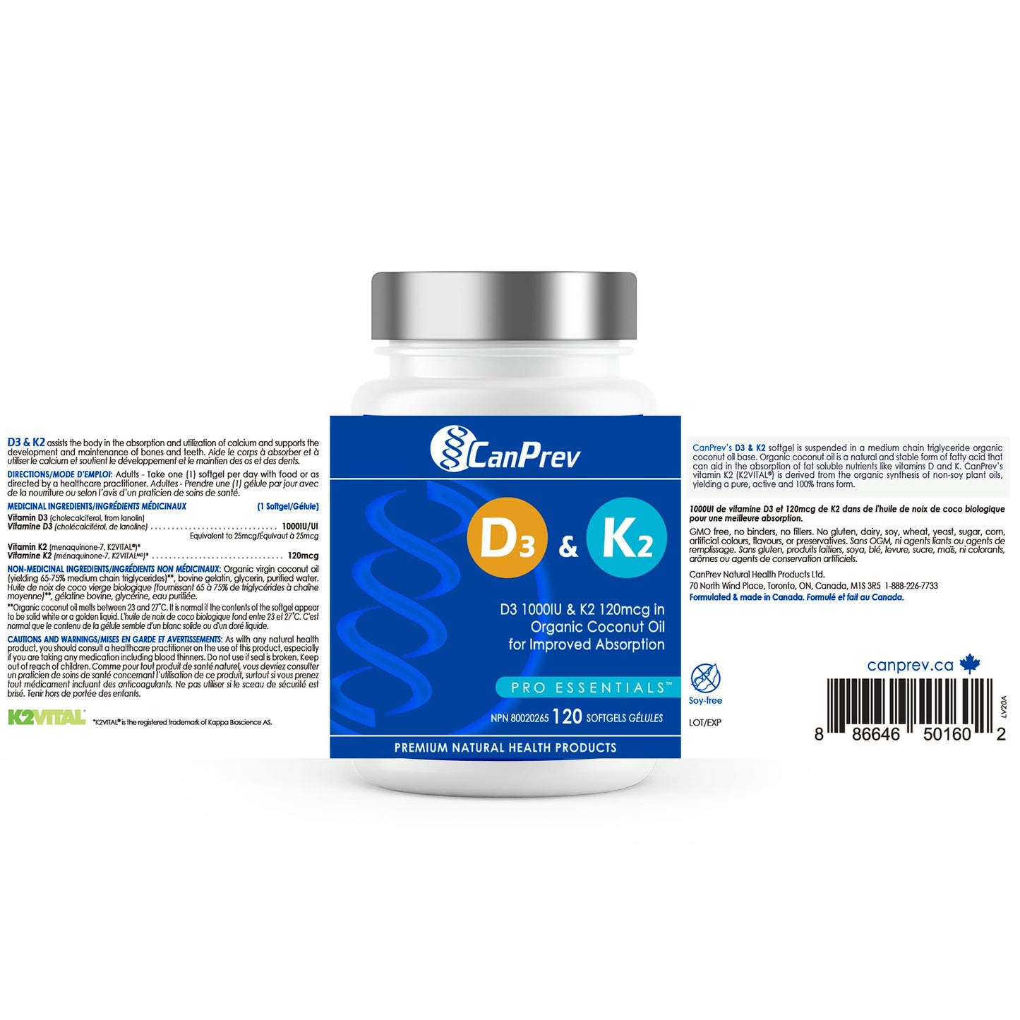 CanPrev D3 & K2 Vitamins 120 Softgels, 120-Day Supply, 1000IU Vitamin D3 & 120mcg K2, Supports Strong Bones, Teeth & Heart Wellness, Easy-to-Absorb with Organic Coconut Oil, No GMO, Gluten, Soy, Dairy ๐ All In One Marketplace Canada