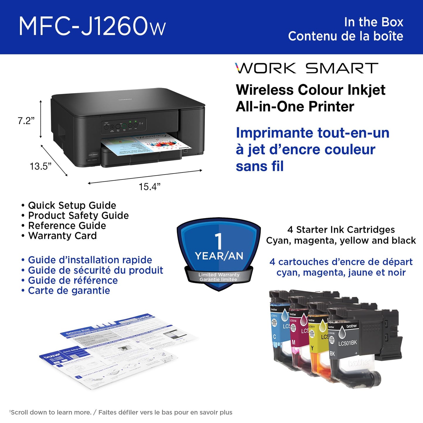 Brother MFC-J1260W Work Smart Wireless Colour Inkjet All-in-One Printer Scanner Copier for Home Office 150-Sheet Tray 16ppm Black 9ppm Colour with LC501 Starter Ink (MFCJ1260W) ๐ All In One Marketplace Canada