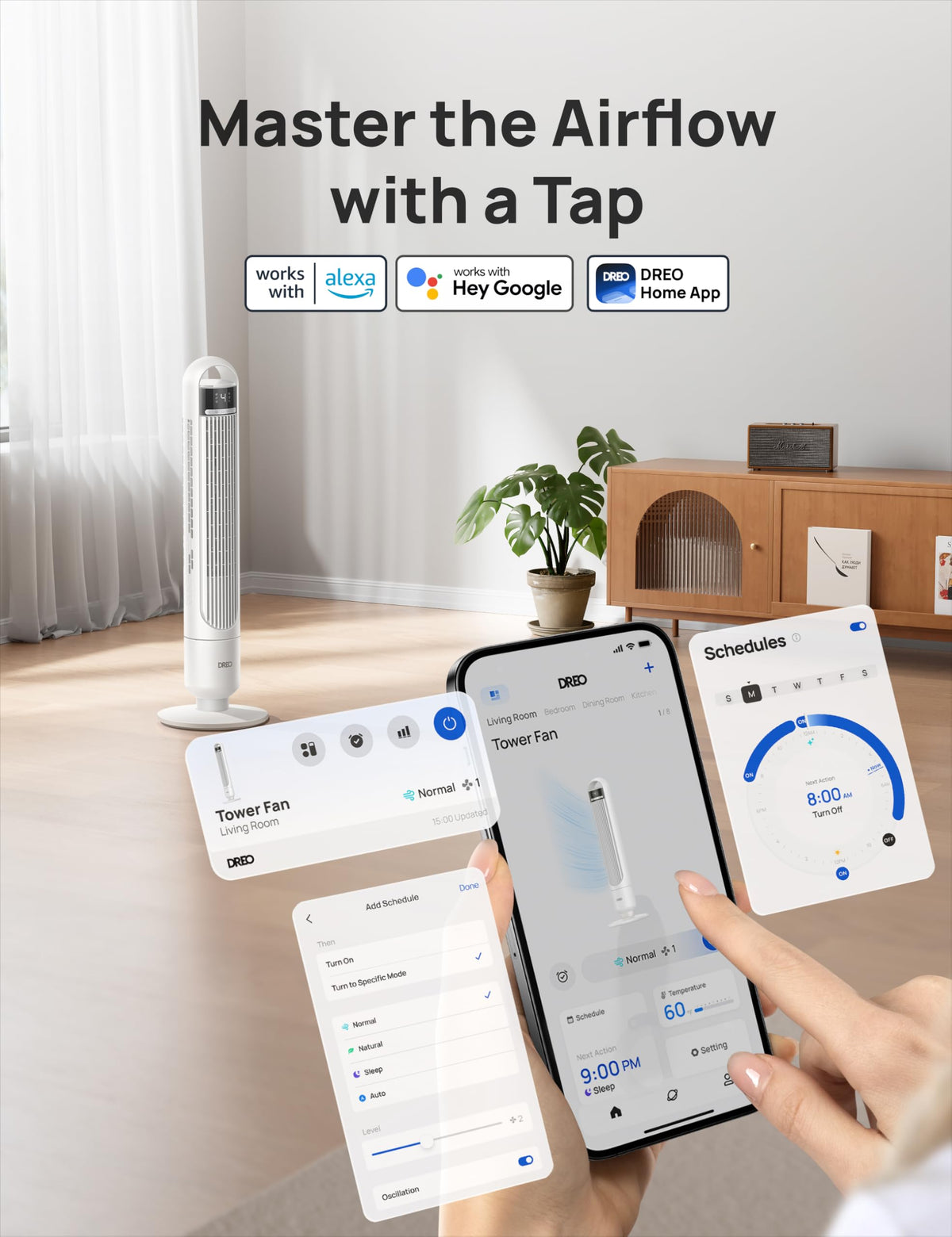 DREO Smart Tower Fan for Bedroom, 90Β° Oscillating Standing Fans for Room with 4 Speeds, 4 Modes, 25dB Quiet for Sleep, 25ft/s Velocity, 8H Timer, Remote/App/Voice Control for Living Room, Office, Home π All In One Marketplace Canada