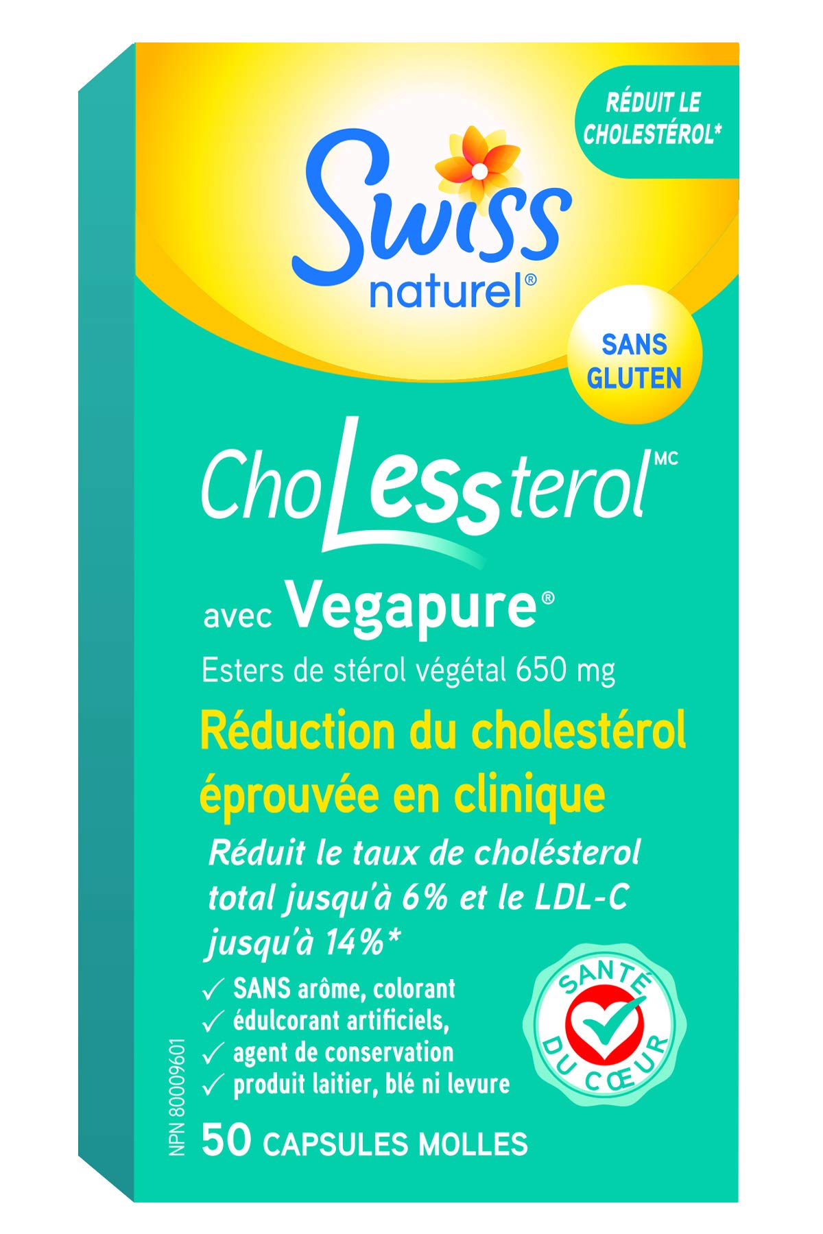 Swiss Natural ChoLessterol with Vegapure | Clinically Proven to Lower LDL Cholesterol & Improves Heart Health | Plant Sterol Esters | 50 Soft Gel Capsules | 650 mg ๐ All In One Marketplace Canada