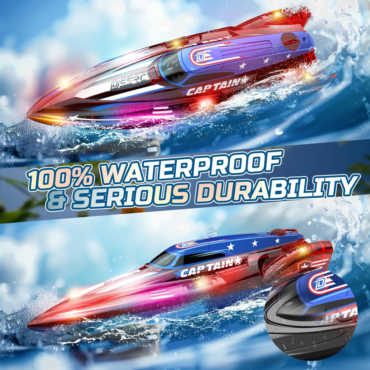 DEERC 2 Pack 13 inch Remote Control Boat for Kids, 4 Batteries, 2.4Ghz RC Racing Boat with LED Lights for Pools and Lakes, Water Summer Toy Gift π All In One Marketplace Canada