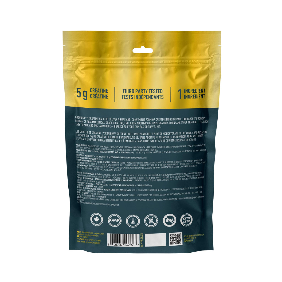 Organika Canadian-Made Creatine Powder- Pure Micronized Creatine Monohydrate - Helps Build Lean Muscle, Increase Strength, and Improved Recovery and Performance for Men and Women- 30 x 5g sachets ๐ All In One Marketplace Canada