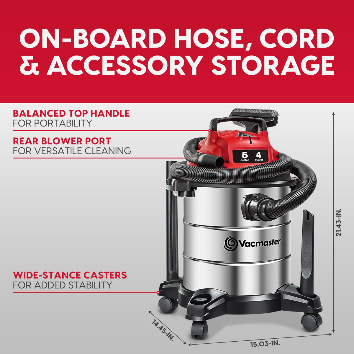 Vacmaster VOC508S 1101 5-Gal 4 Peak HP Stainless Steel Wet/Dry Vac Red ๐ All In One Marketplace Canada